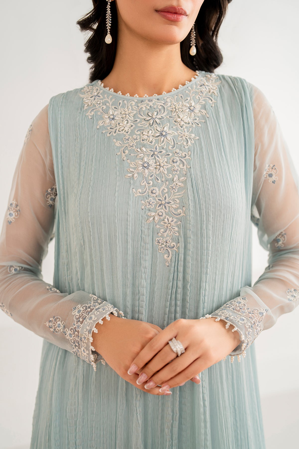 Powder Blue Embroidered Crushed Chiffon Suit (3-Piece) - Image 6