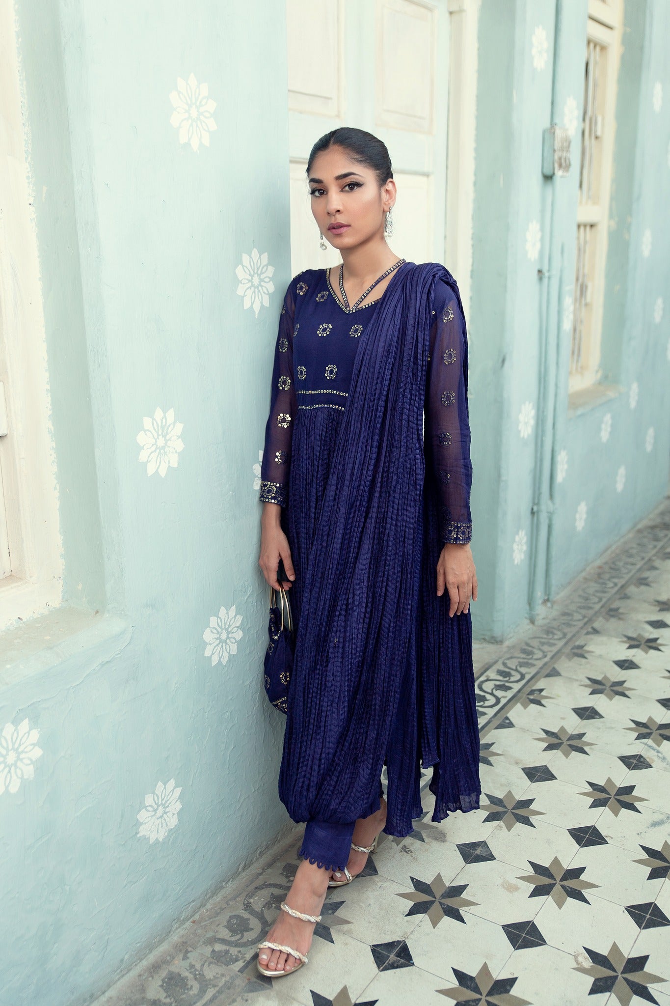 Deep Blue Sequin Cotton Silk Salwar Kameez (2-Piece) - Image 1