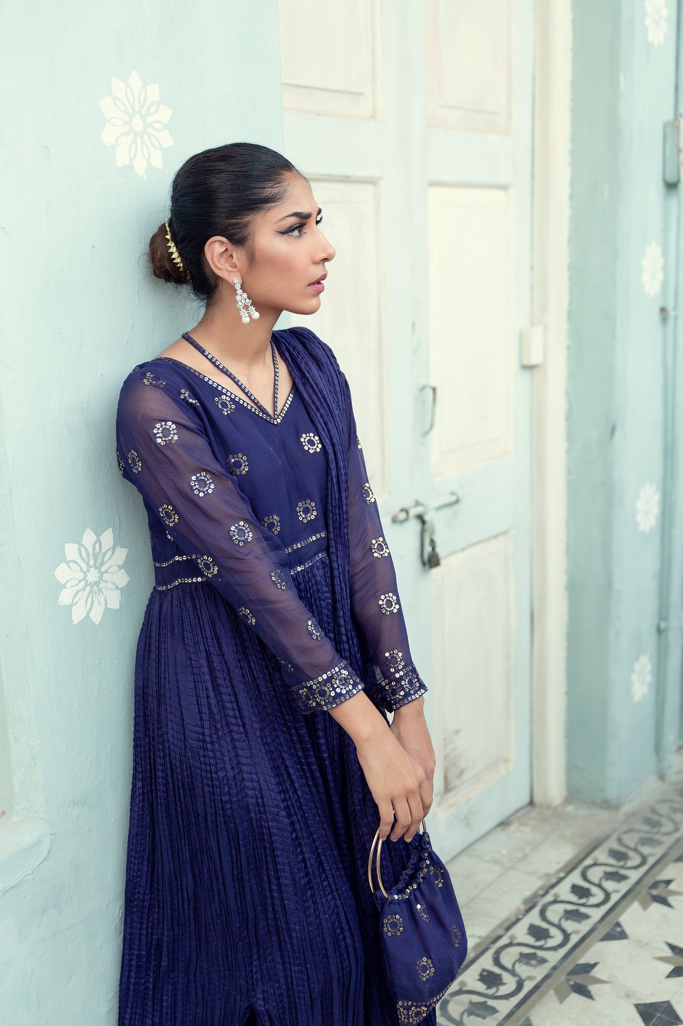 Deep Blue Sequin Cotton Silk Salwar Kameez (2-Piece) - Image 6