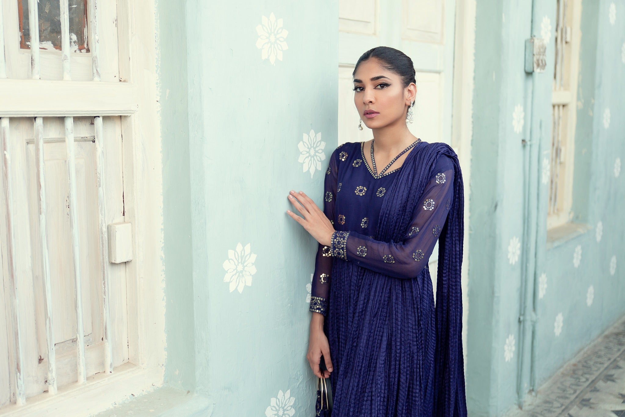 Deep Blue Sequin Cotton Silk Salwar Kameez (2-Piece) - Image 7