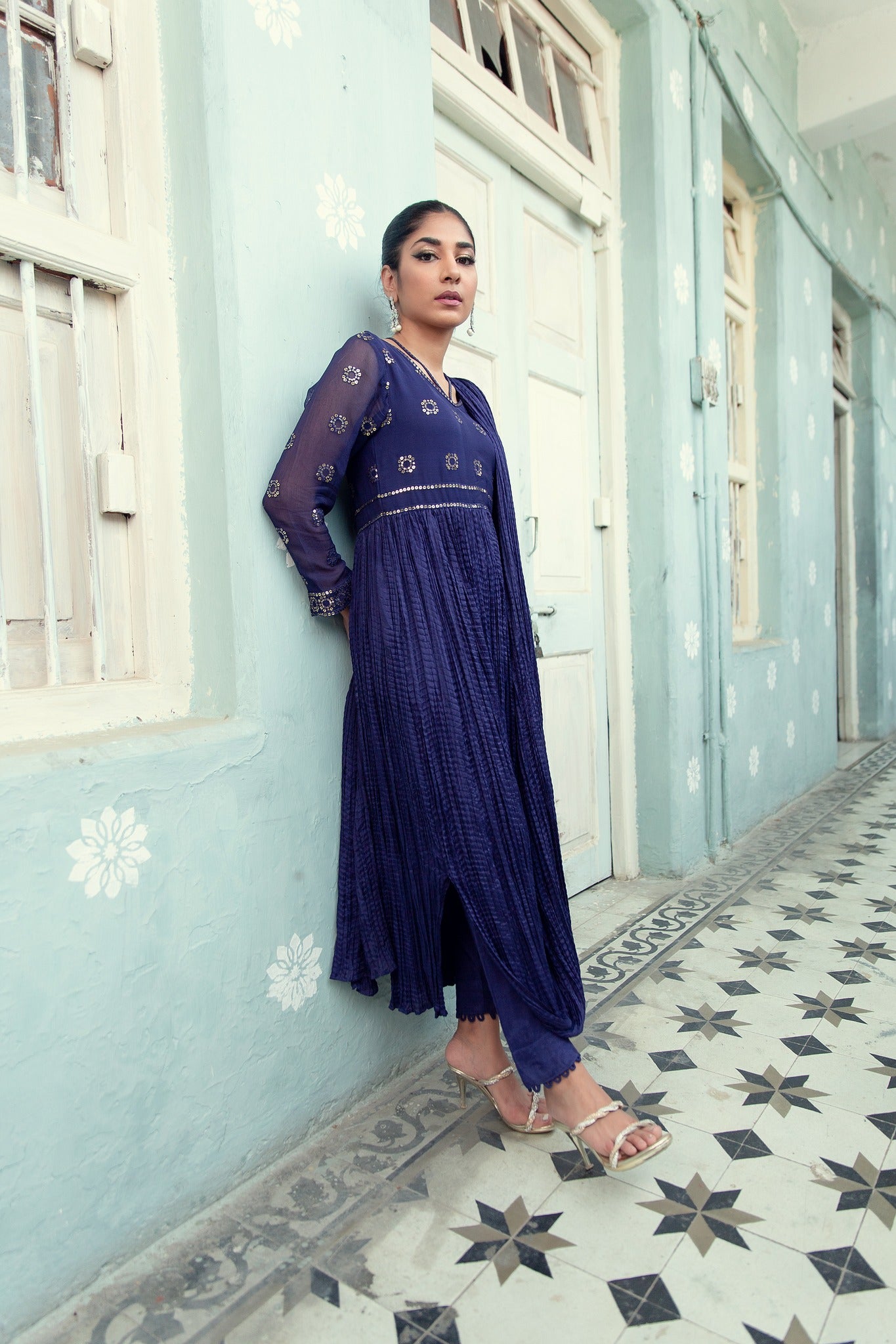 Deep Blue Sequin Cotton Silk Salwar Kameez (2-Piece) - Image 8