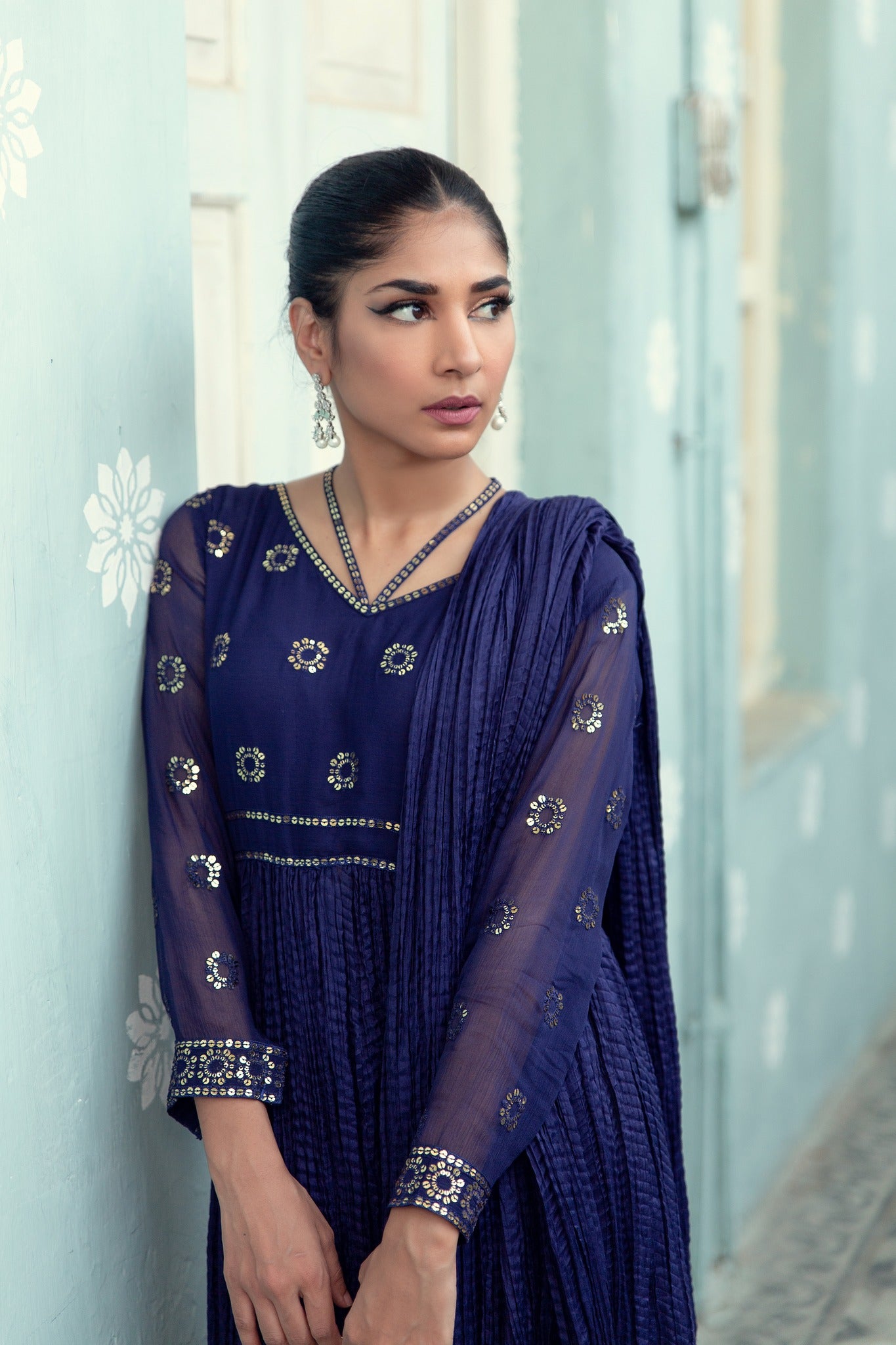 Deep Blue Sequin Cotton Silk Salwar Kameez (2-Piece) - Image 9