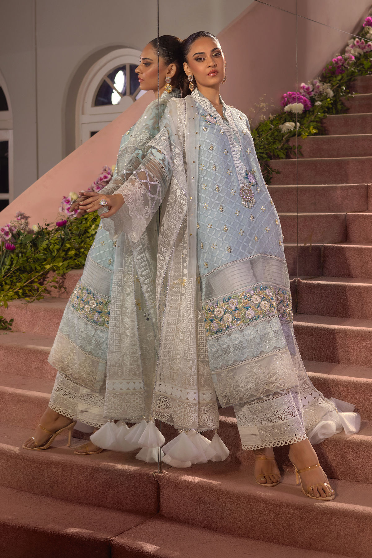 Pakistani Powder Blue Zardozi Embossed Silk Net Salwar Kameez (3-Piece) - Image 1