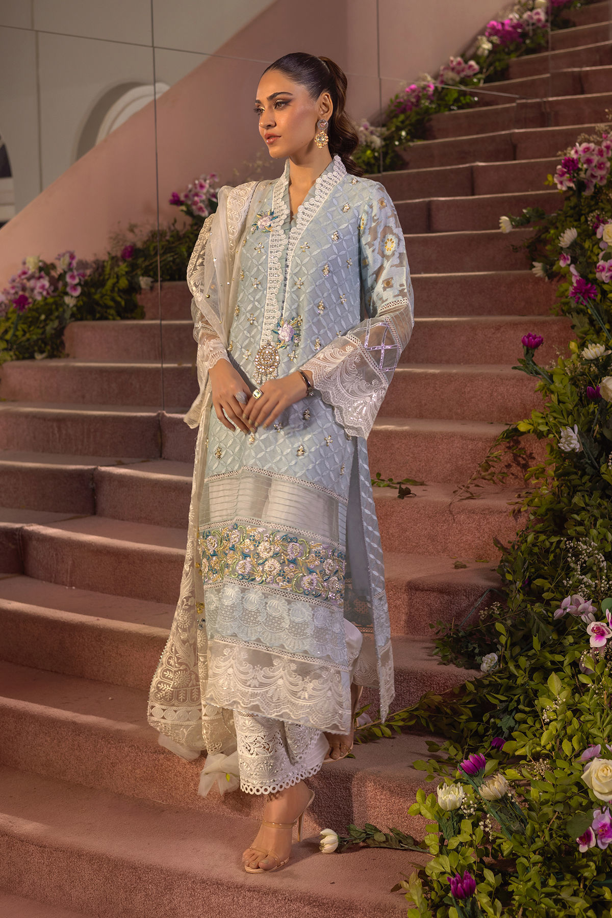 Pakistani Powder Blue Zardozi Embossed Silk Net Salwar Kameez (3-Piece) - Image 2