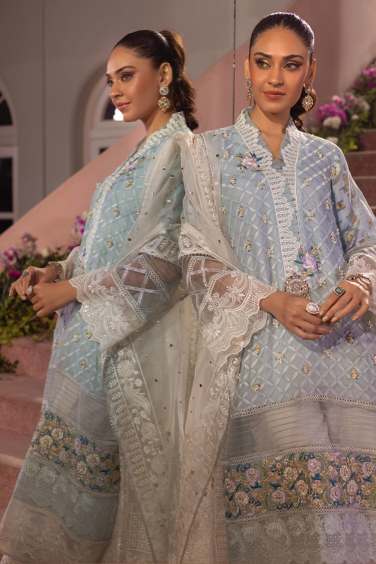 Pakistani Powder Blue Zardozi Embossed Silk Net Salwar Kameez (3-Piece) - Image 3