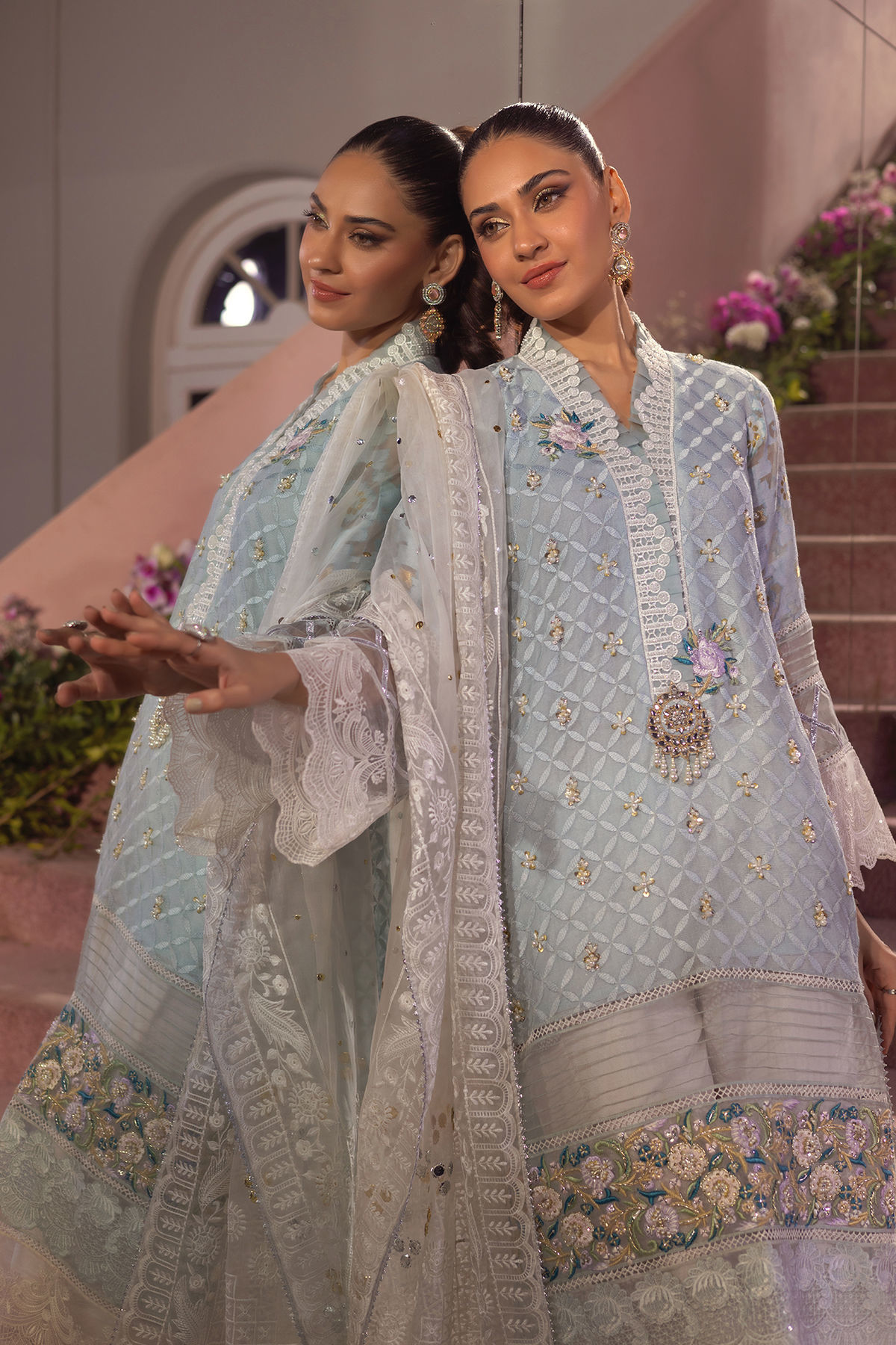 Pakistani Powder Blue Zardozi Embossed Silk Net Salwar Kameez (3-Piece) - Image 4