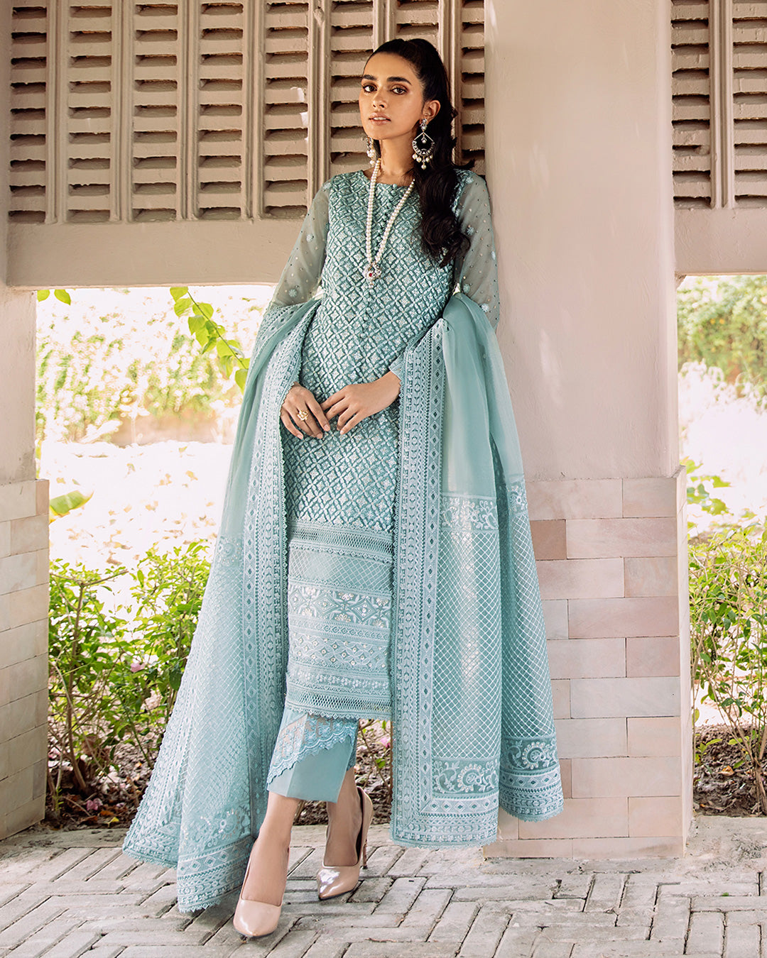 Zinc Blue Embroidered Net Salwar Kameez (3-Piece) - Image 1