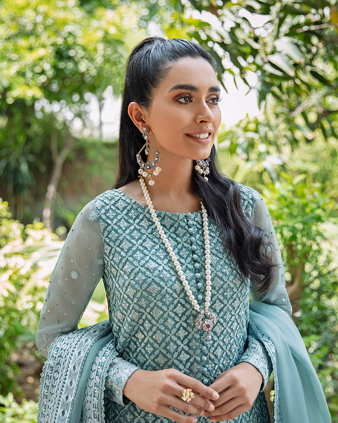 Zinc Blue Embroidered Net Salwar Kameez (3-Piece) - Image 2