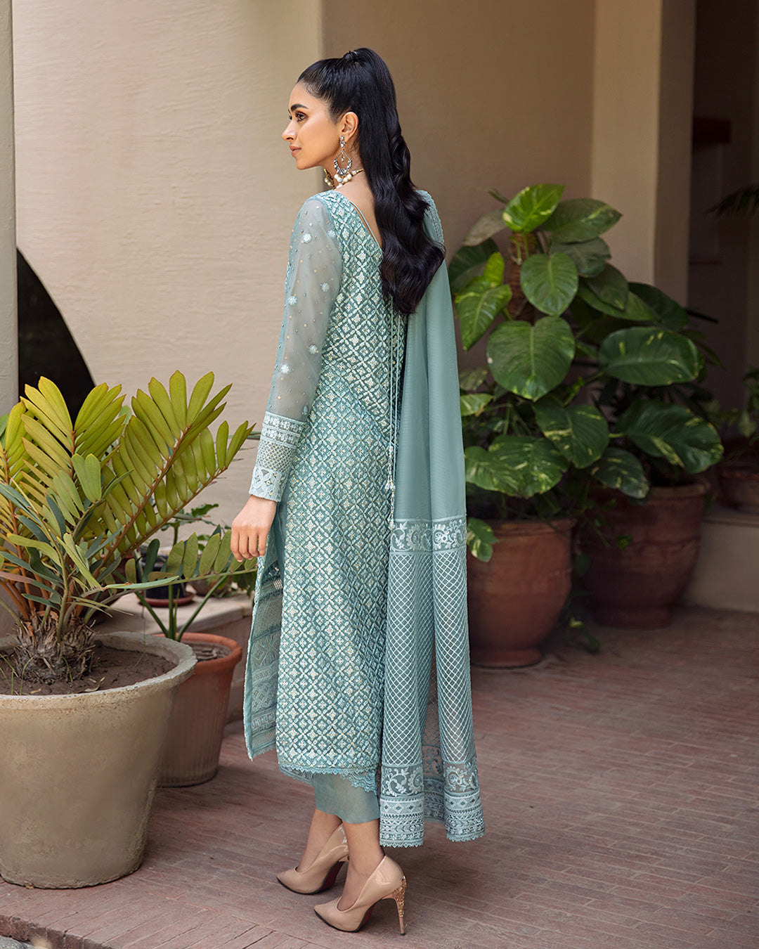 Zinc Blue Embroidered Net Salwar Kameez (3-Piece) - Image 4