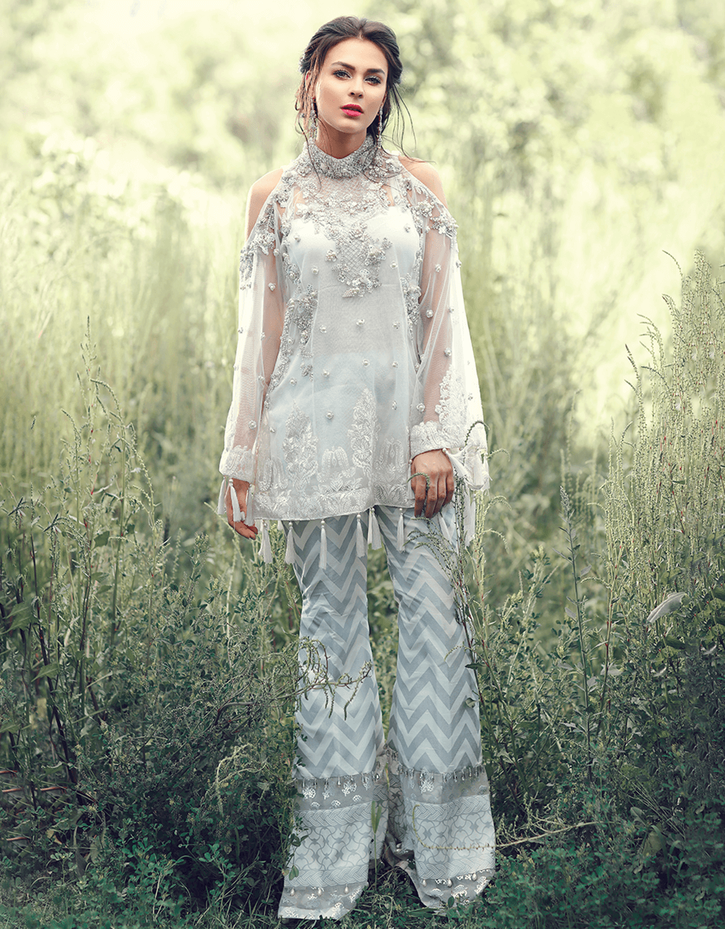 Pakistani Ice Blue Embroidered Net Salwar Kameez (2-Piece) - Image 1