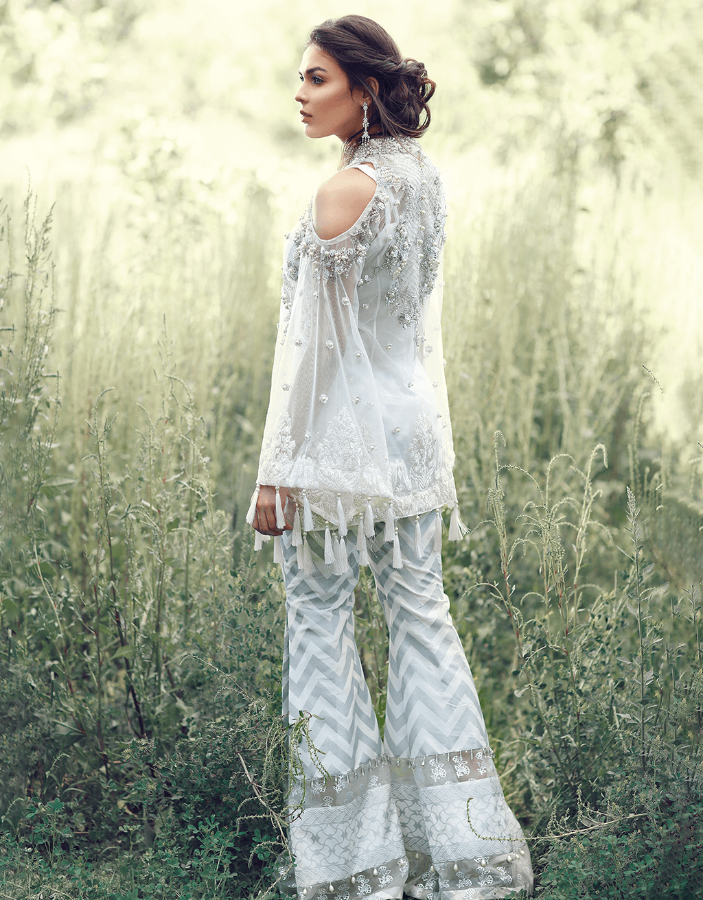 Pakistani Ice Blue Embroidered Net Salwar Kameez (2-Piece) - Image 2