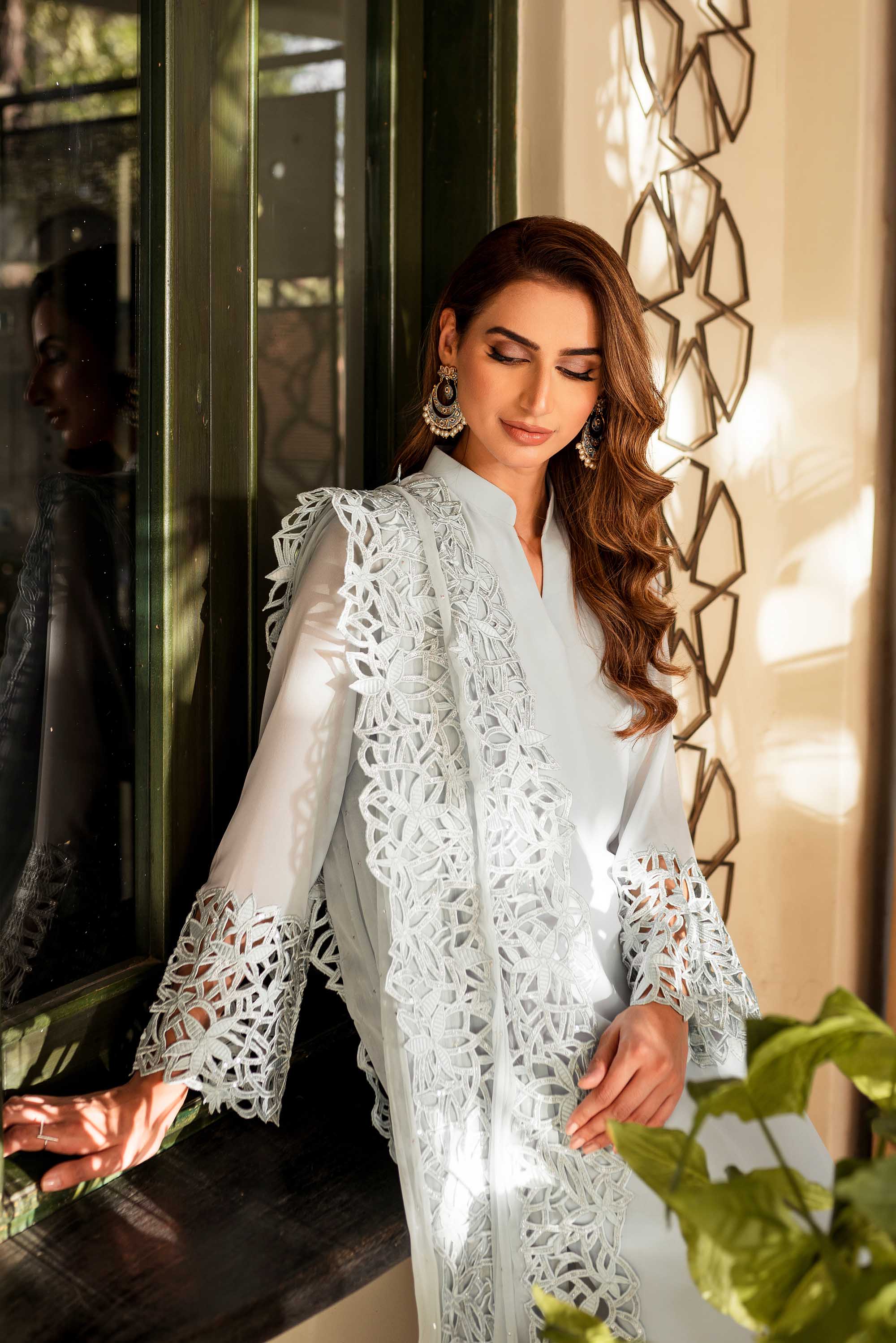 Pakistani Powder Blue Cutwork Georgette Chiffon Salwar Kameez (3-Piece) - Image 2