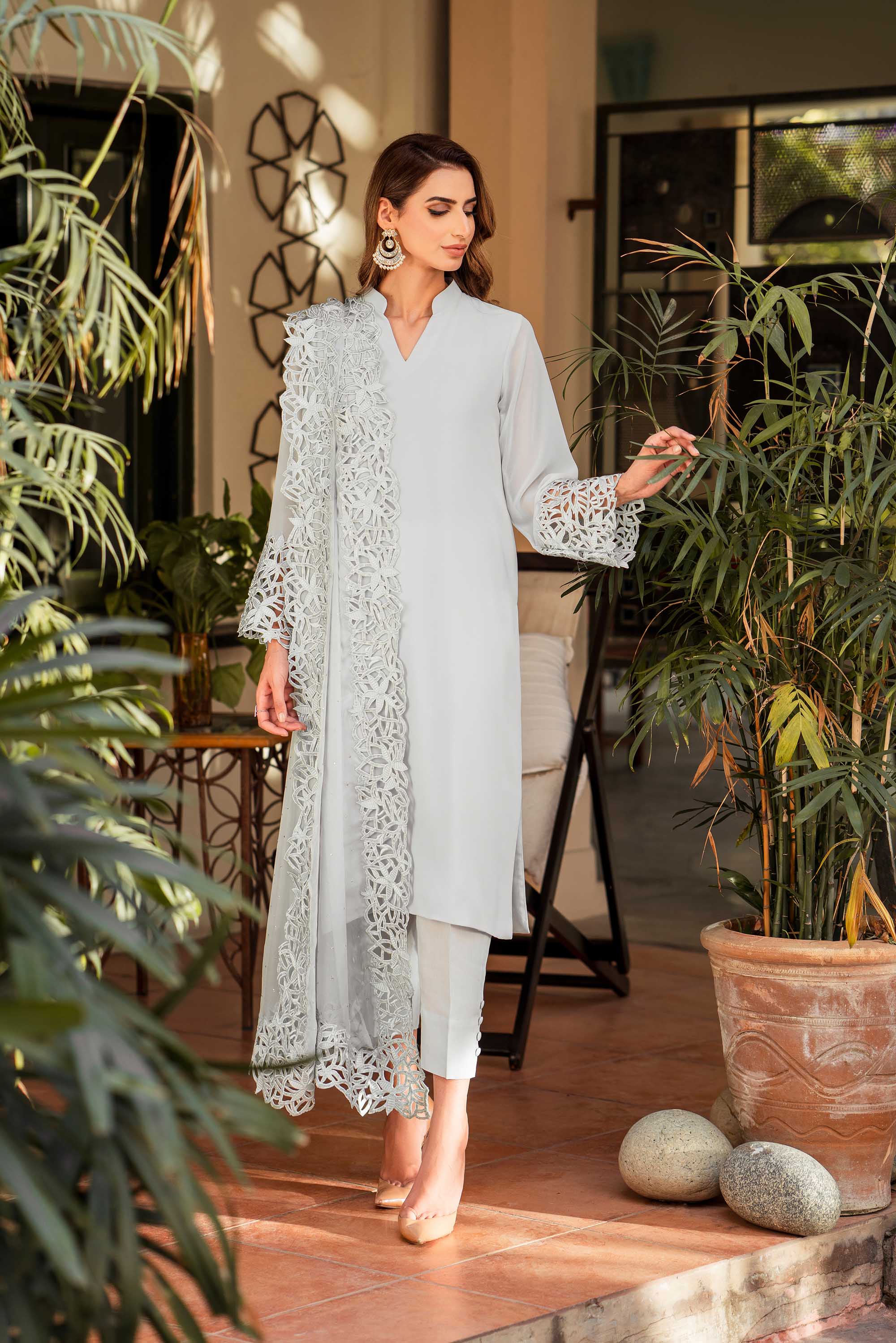 Pakistani Powder Blue Cutwork Georgette Chiffon Salwar Kameez (3-Piece) - Image 7