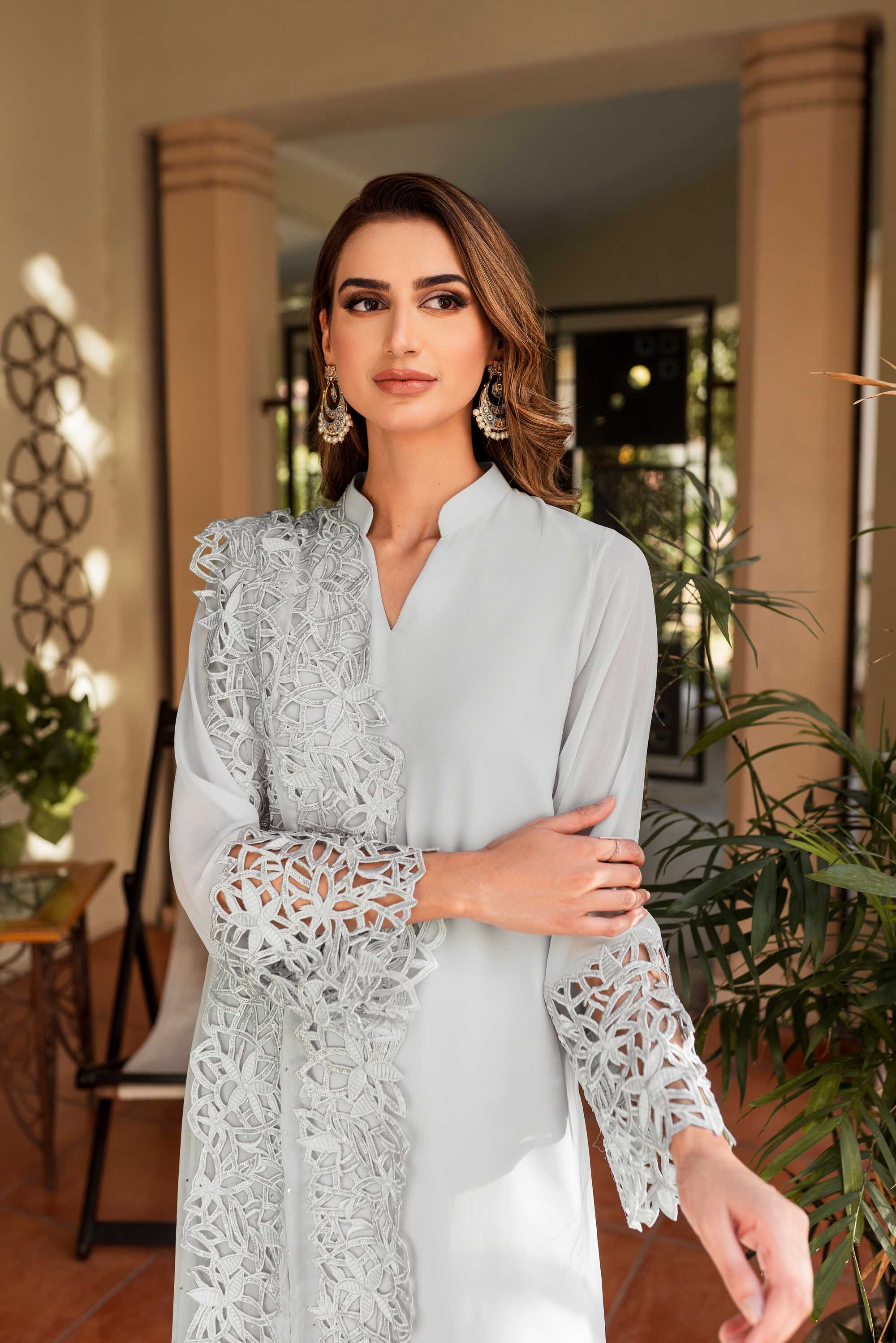 Pakistani Powder Blue Cutwork Georgette Chiffon Salwar Kameez (3-Piece) - Image 5