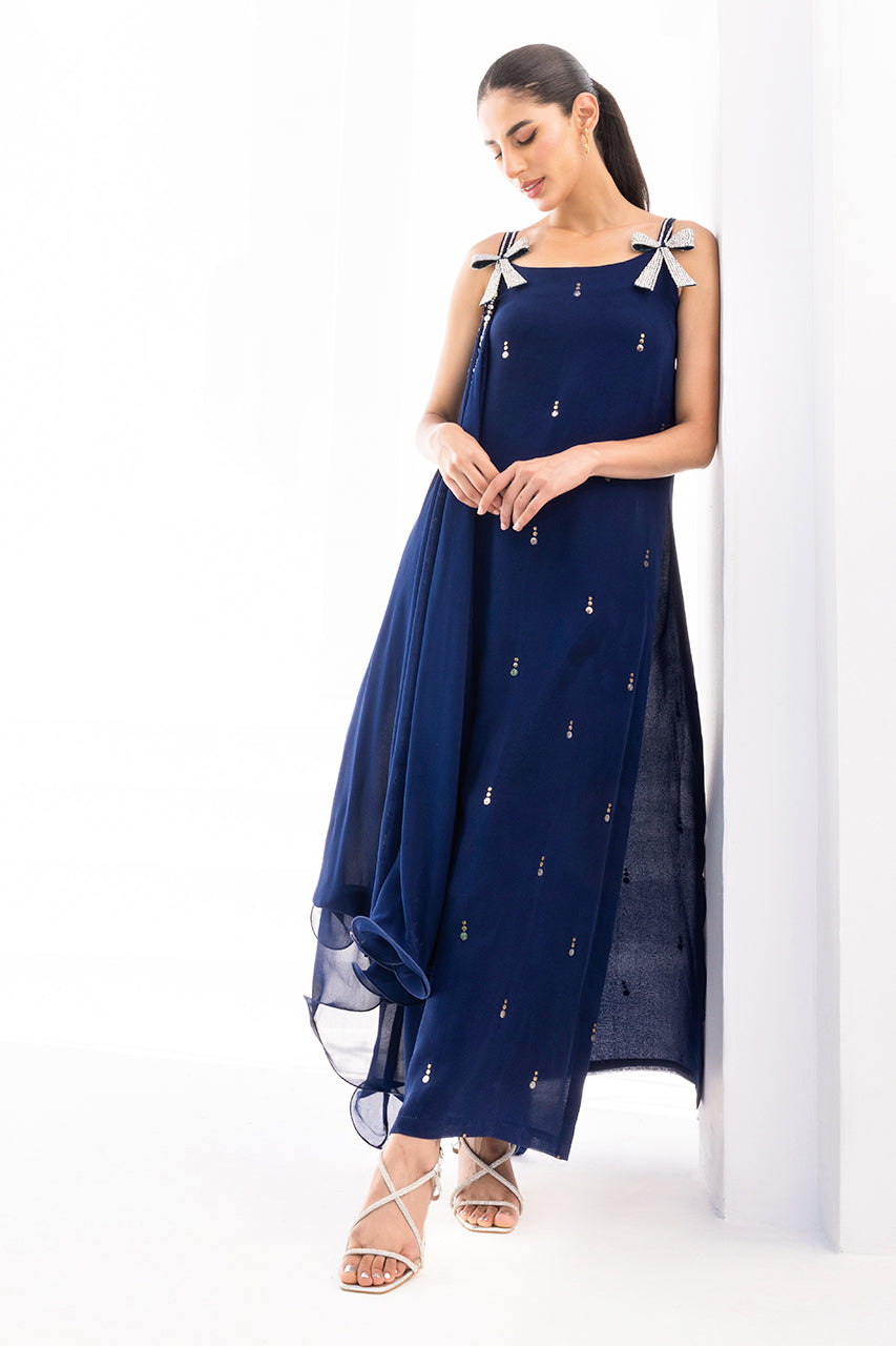 Pakistani Midnight Blue Kamdani Georgette Draped Shirt (2-Piece) - Image 1