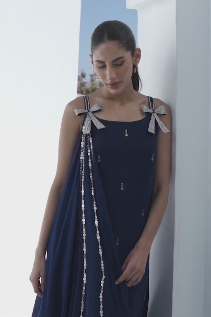 Pakistani Midnight Blue Kamdani Georgette Draped Shirt (2-Piece) - Image 4