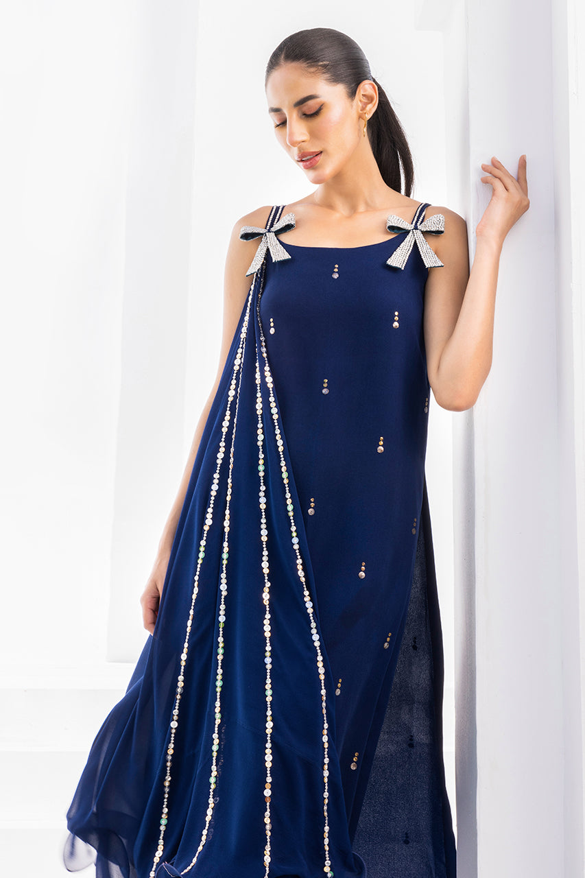 Pakistani Midnight Blue Kamdani Georgette Draped Shirt (2-Piece) - Image 6