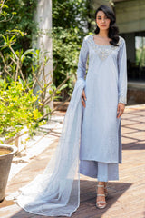 Pakistani Light Blue Crystal Sequin Georgette Salwar Kameez (3-Piece) - Image 3