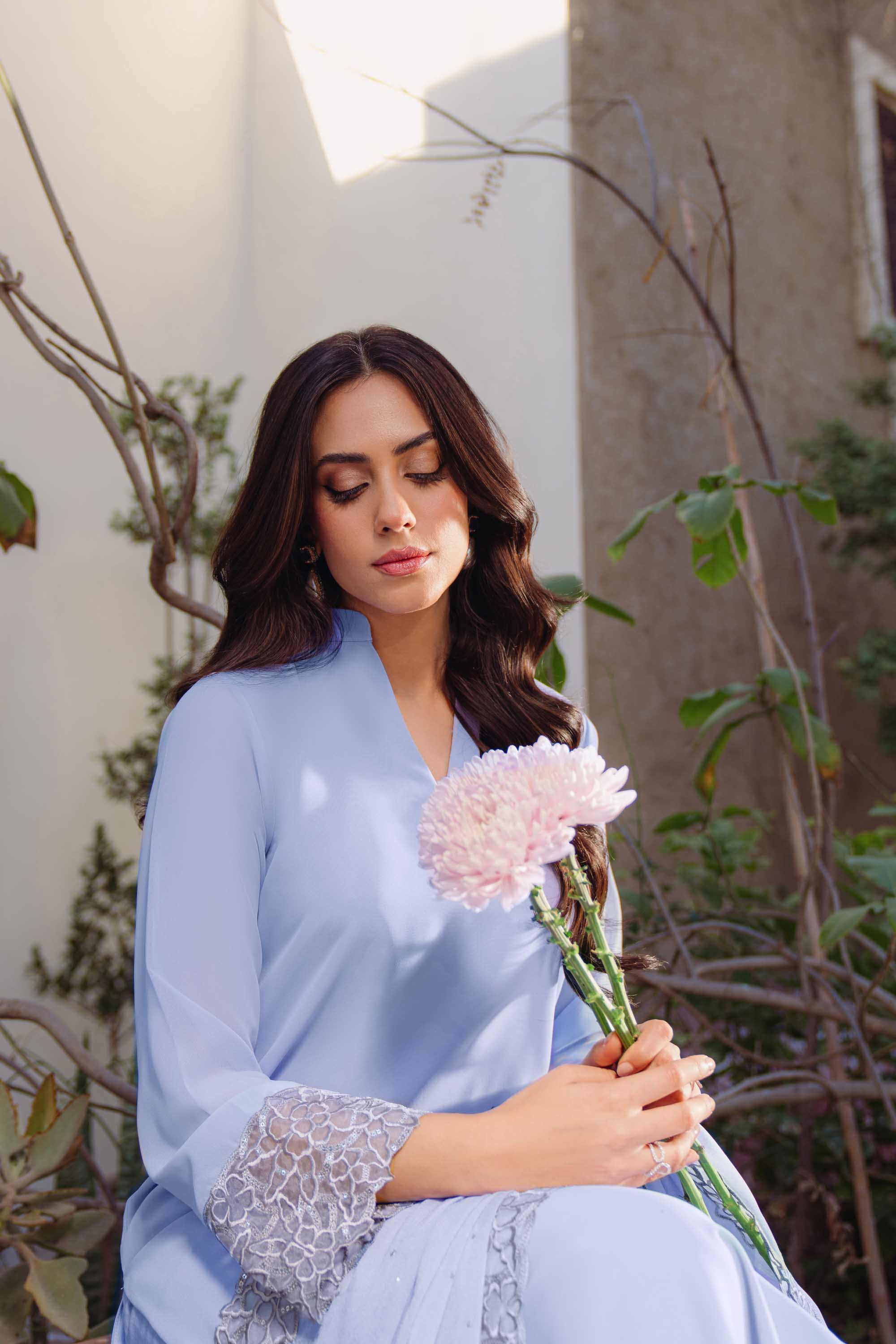 Periwinkle Sequinned Georgette Salwar Kameez (3-Piece) - Image 7