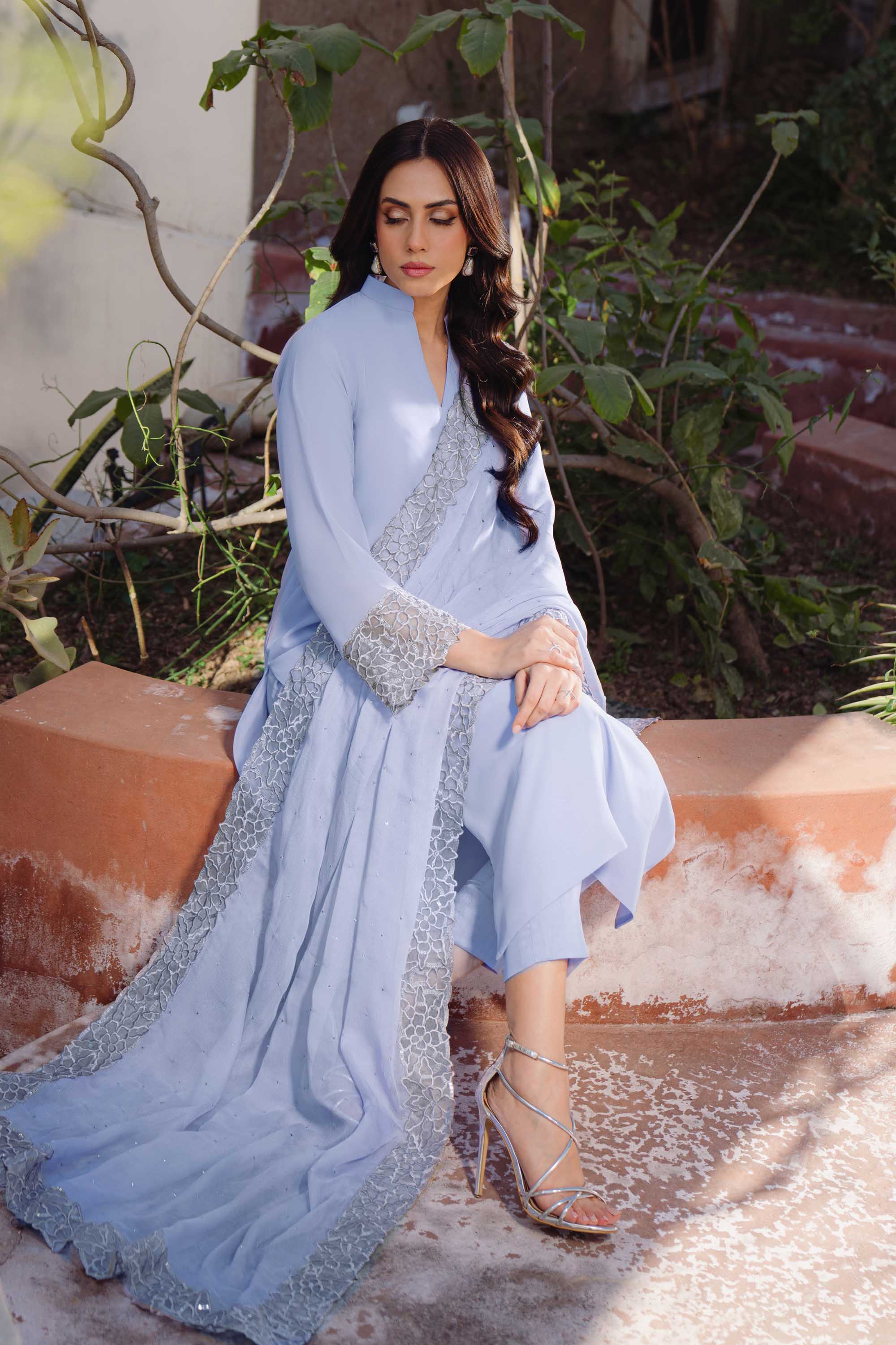 Periwinkle Sequinned Georgette Salwar Kameez (3-Piece) - Image 6