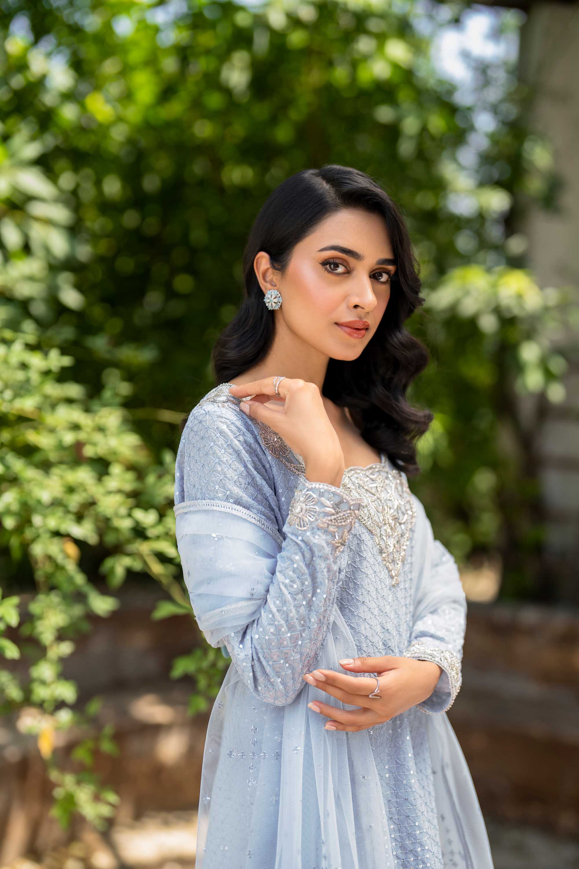 Light Blue Sequinned Georgette & Raw Silk Salwar Kameez (3-Piece) - Image 6