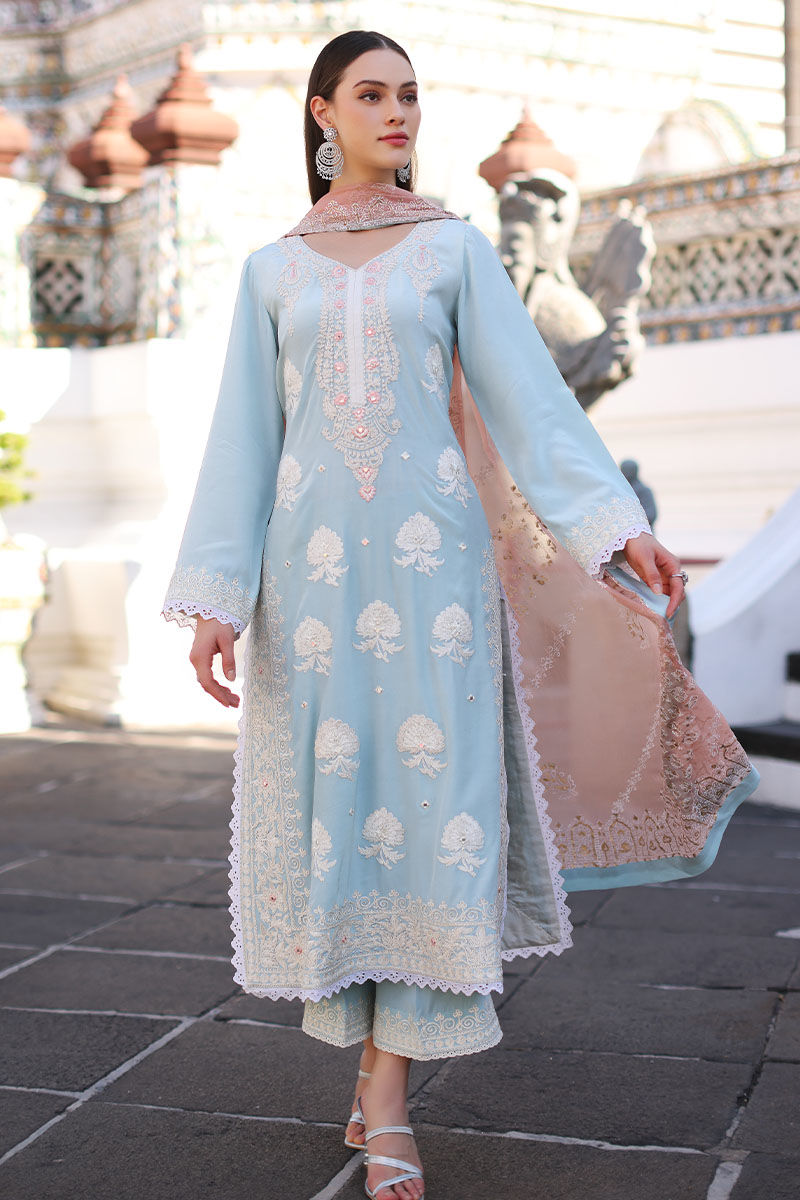 Pakistani Iced Aqua Blue Embroidered Georgette Salwar Kameez (3-Piece) - Image 1