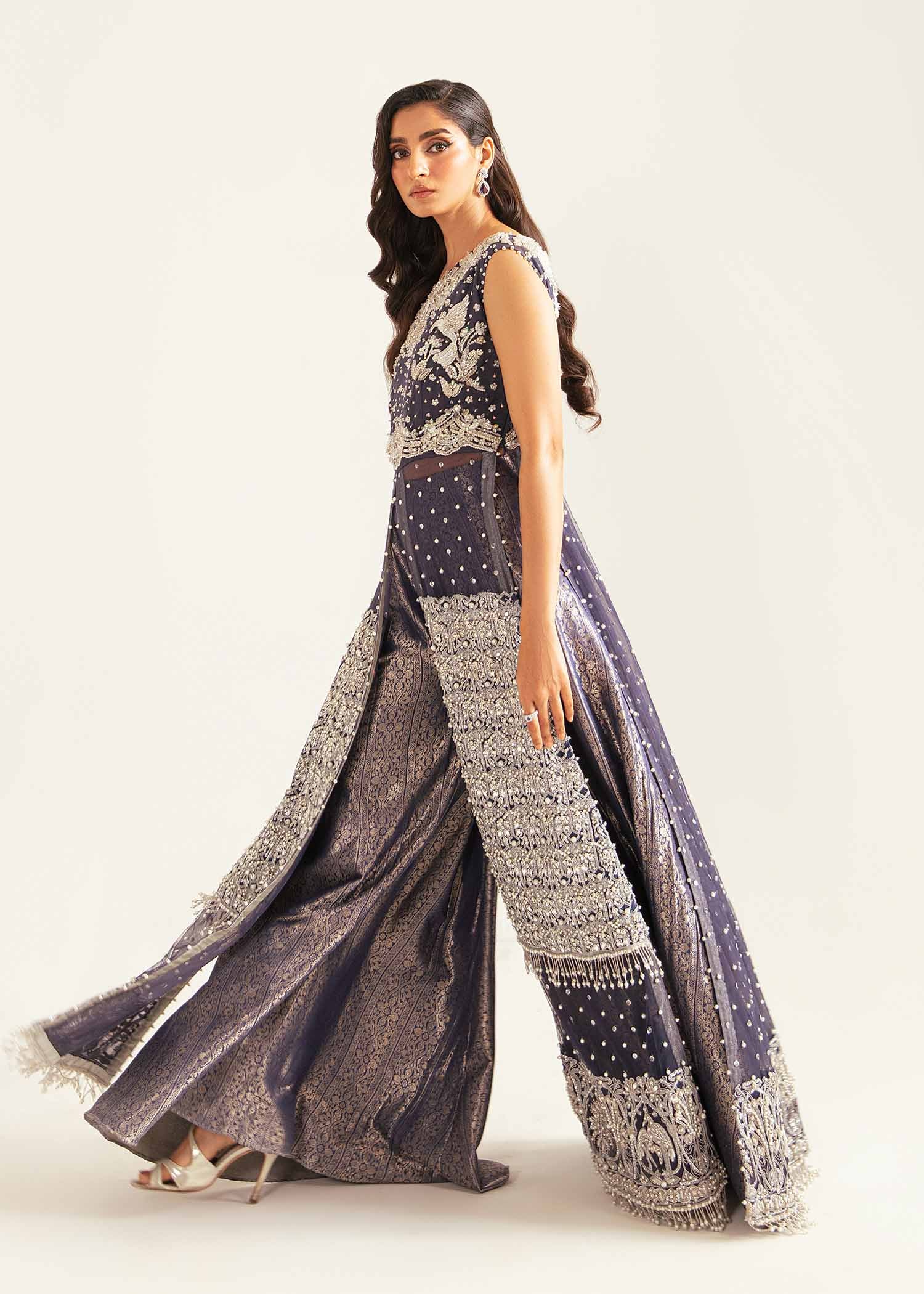 Royal Blue Embroidered Net Shirt with Jaawar Pants (2-Piece) - Image 1