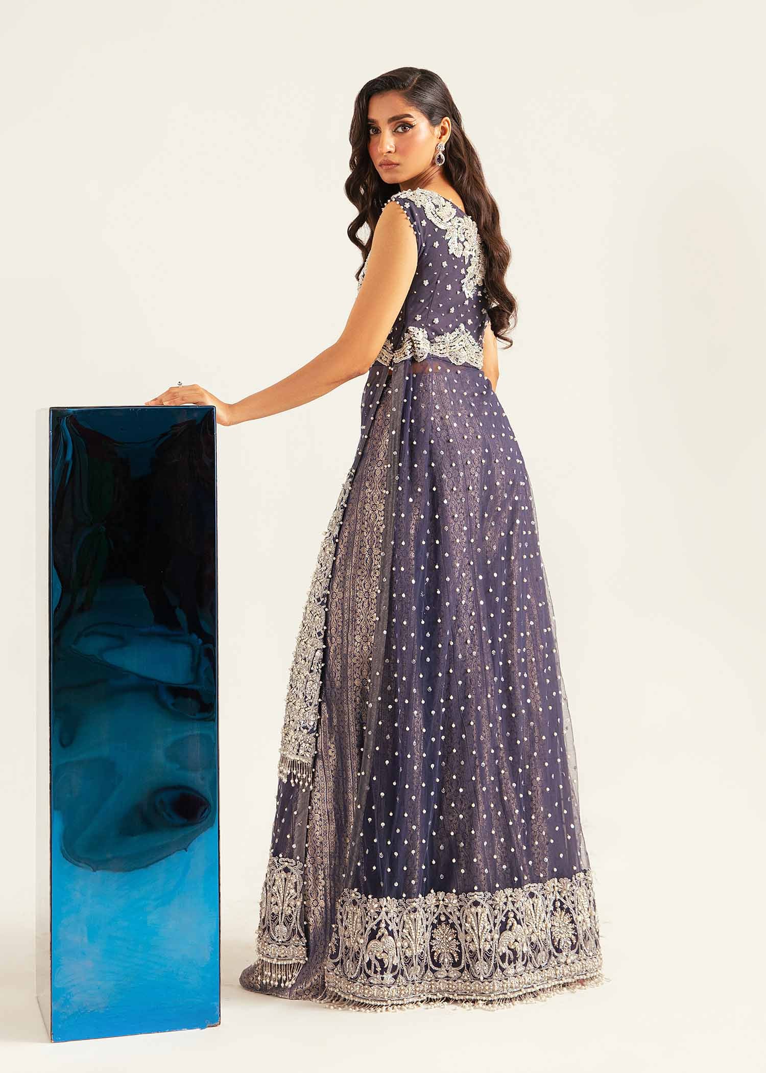 Royal Blue Embroidered Net Shirt with Jaawar Pants (2-Piece) - Image 4