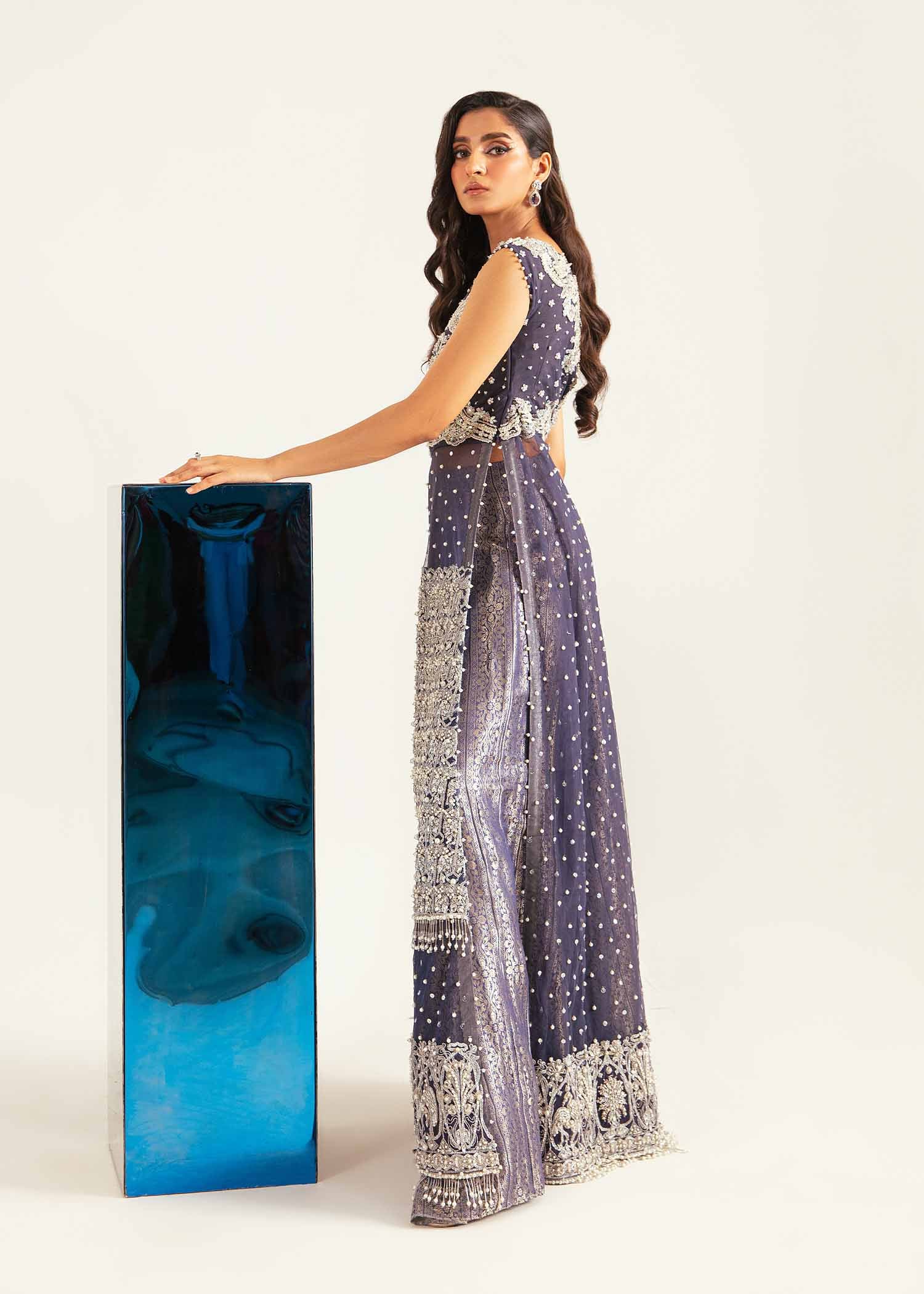 Royal Blue Embroidered Net Shirt with Jaawar Pants (2-Piece) - Image 5