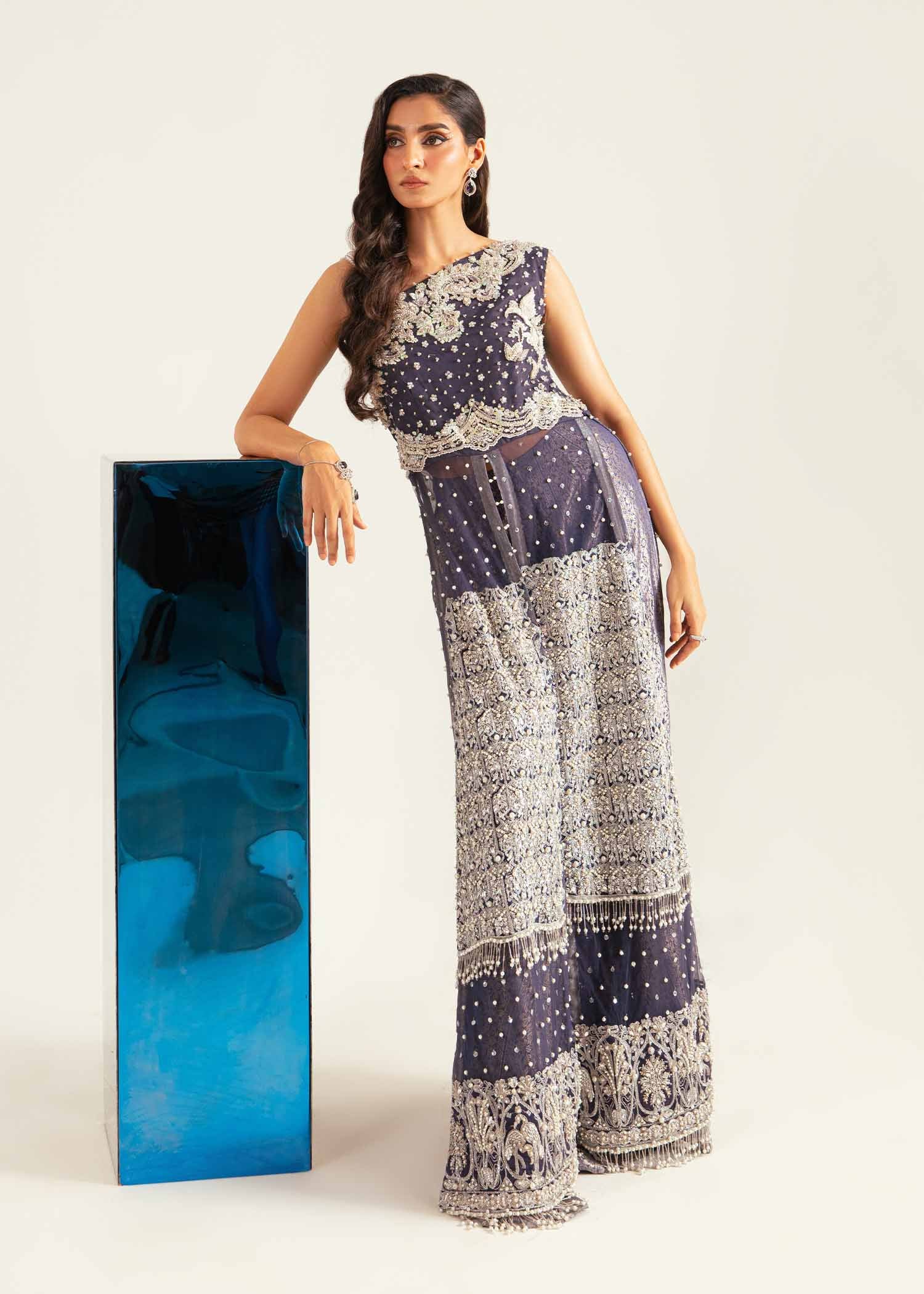 Royal Blue Embroidered Net Shirt with Jaawar Pants (2-Piece) - Image 6