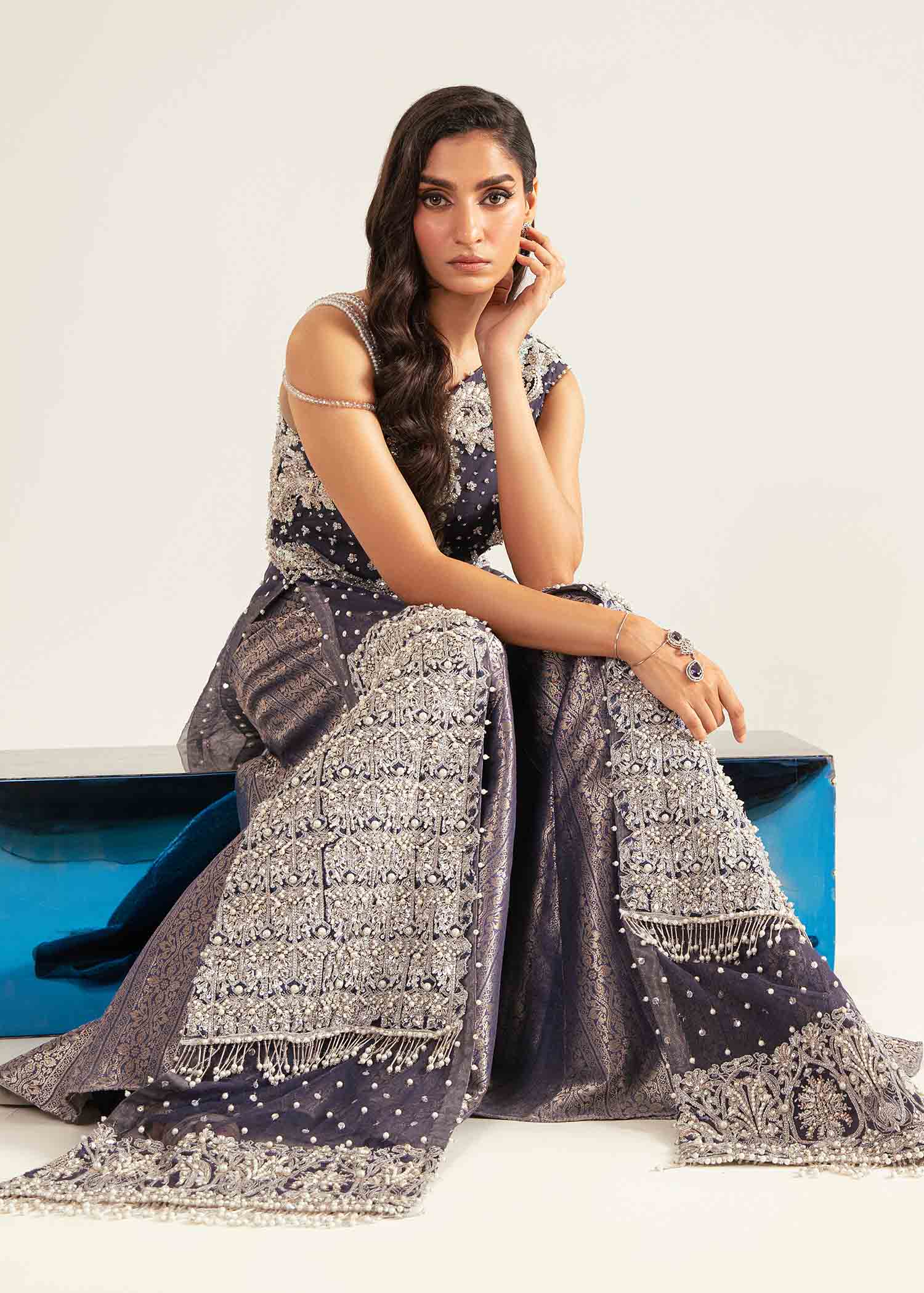 Royal Blue Embroidered Net Shirt with Jaawar Pants (2-Piece) - Image 7