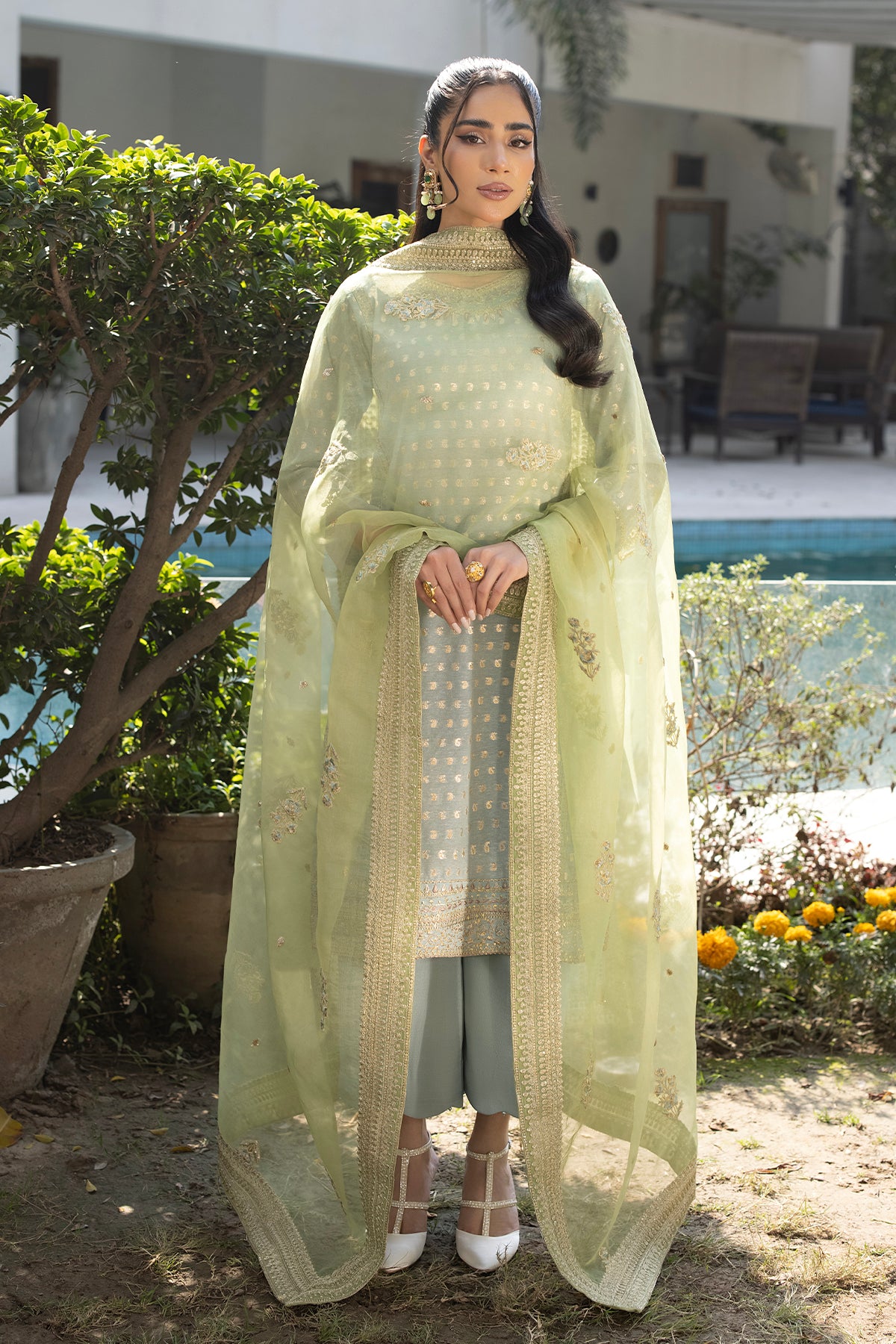 Blue Embroidered J-Card Karandi Kurta Set (3-Piece) - Image 1