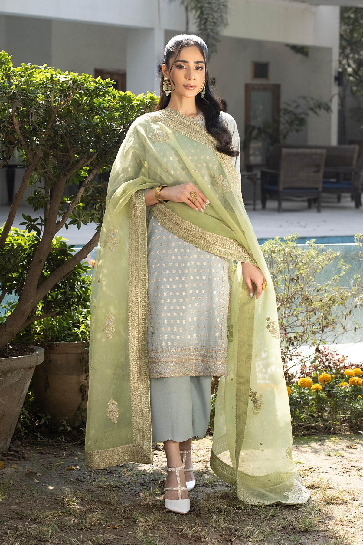 Blue Embroidered J-Card Karandi Kurta Set (3-Piece) - Image 5