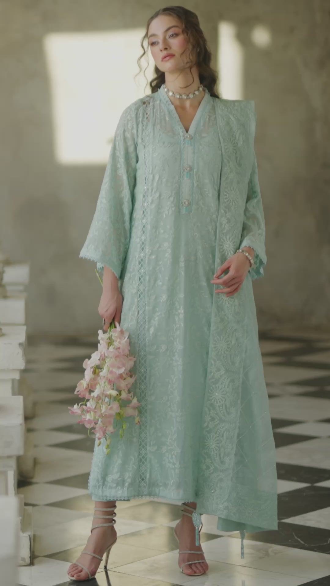 Aqua Chikankari Cotton Net Salwar Kameez (3-Piece) - Image 11