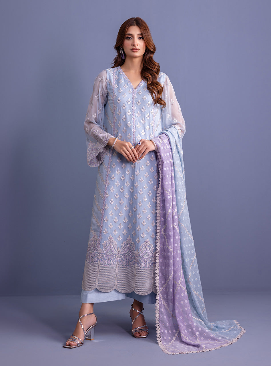 Pakistani Ice Blue & Lilac Embroidered Khaddi Net Salwar Kameez (3-Piece) - Image 1