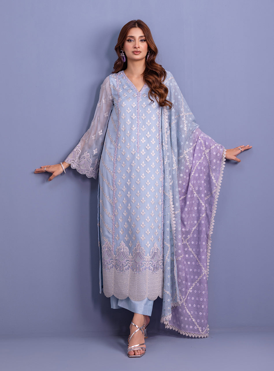 Pakistani Ice Blue & Lilac Embroidered Khaddi Net Salwar Kameez (3-Piece) - Image 3