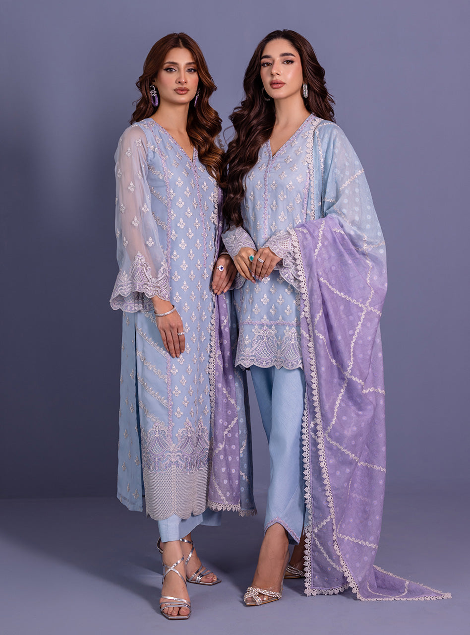Pakistani Ice Blue & Lilac Embroidered Khaddi Net Salwar Kameez (3-Piece) - Image 7
