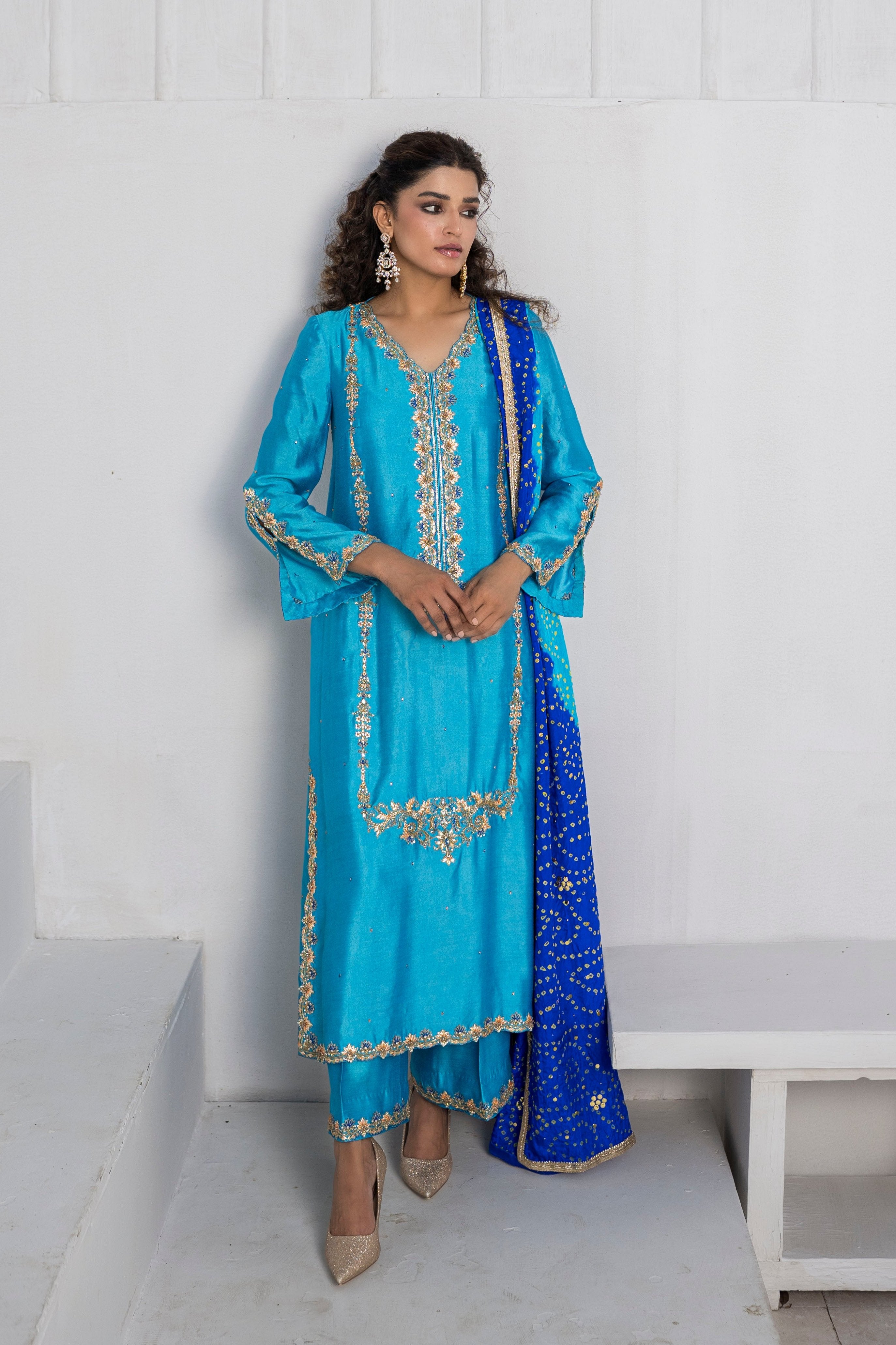 Pakistani River Blue Embellished Khaddi Silk Salwar Kameez (3-Piece) - Image 1