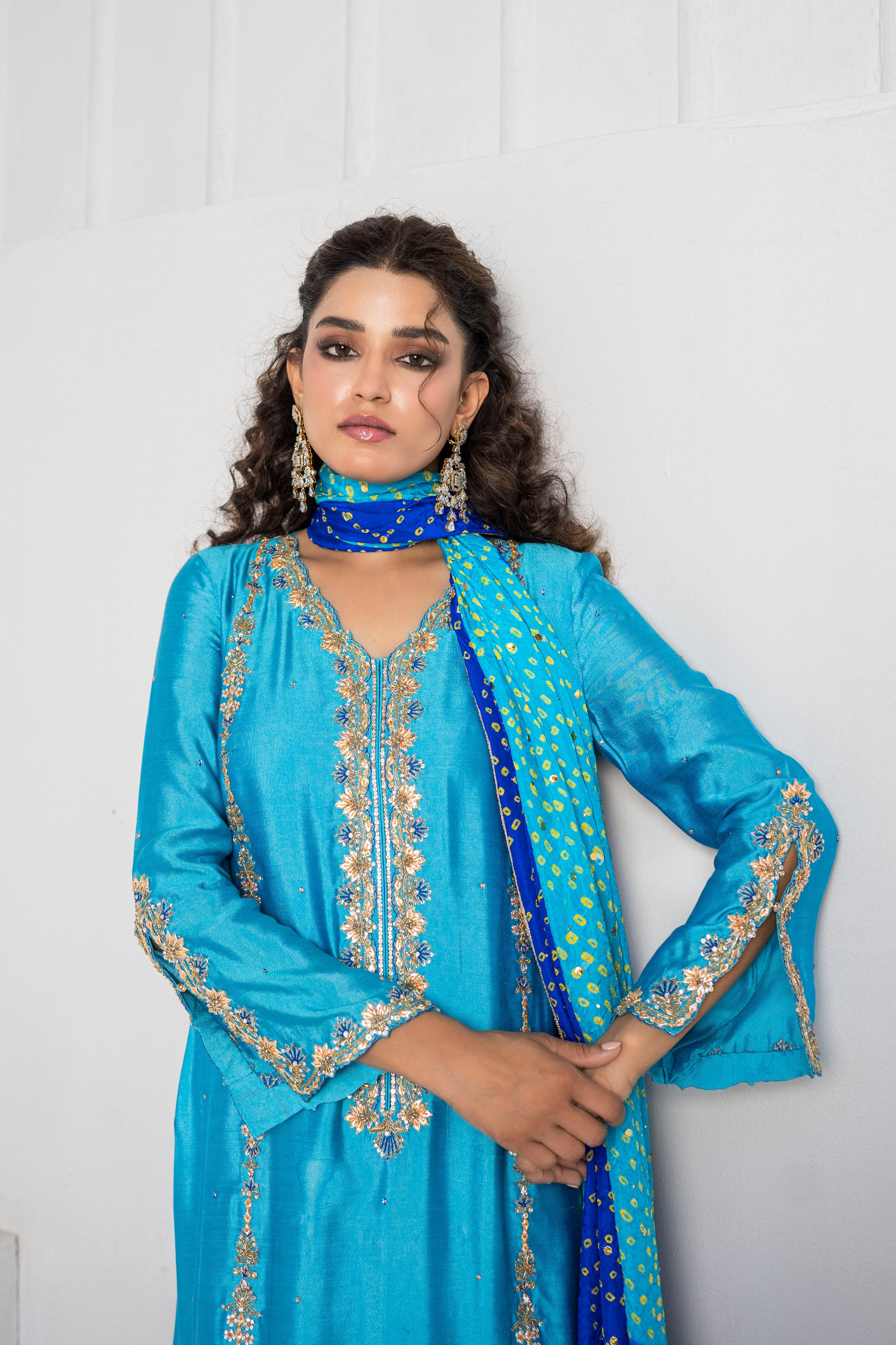 Pakistani River Blue Embellished Khaddi Silk Salwar Kameez (3-Piece) - Image 2