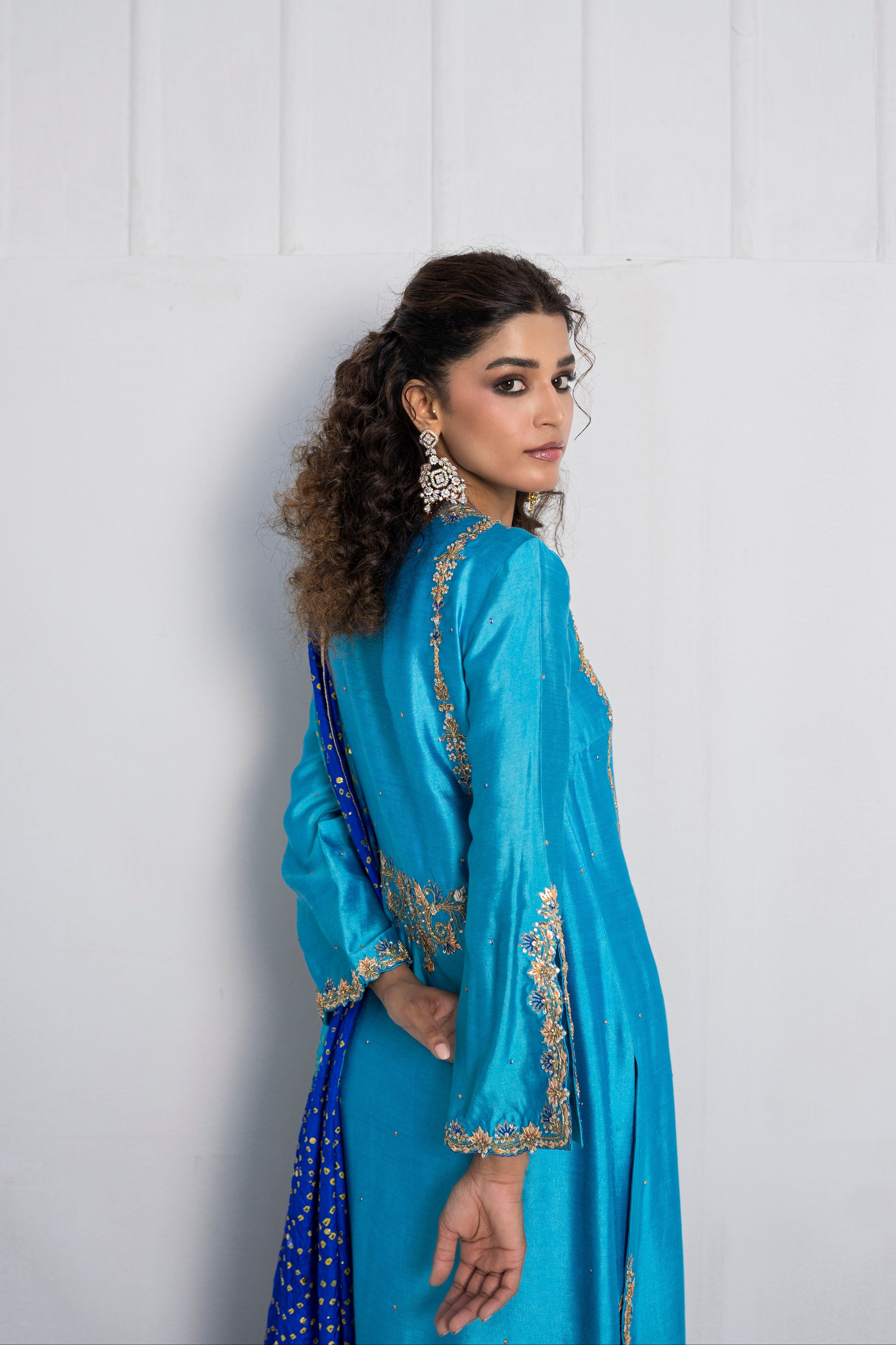 Pakistani River Blue Embellished Khaddi Silk Salwar Kameez (3-Piece) - Image 3