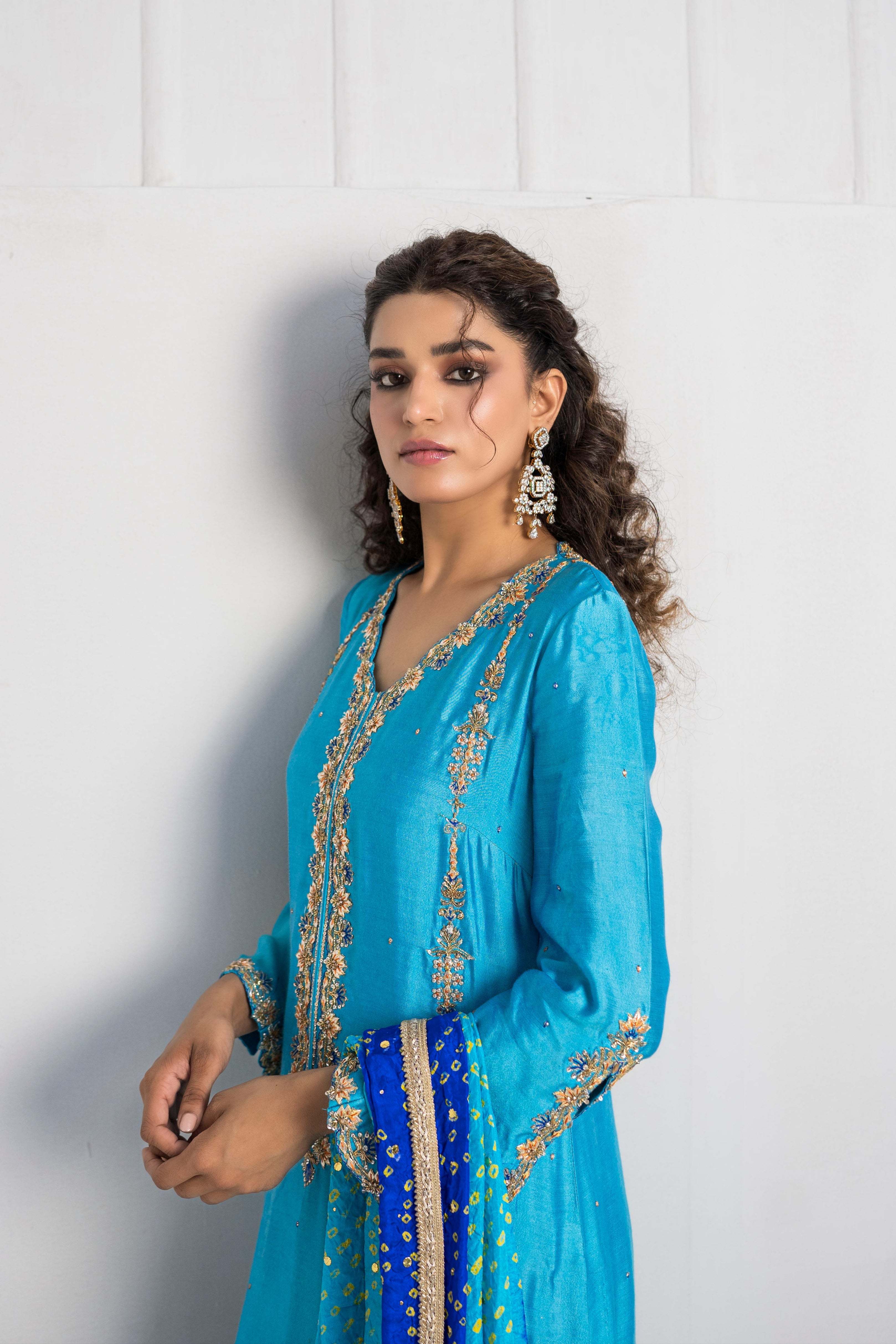 Pakistani River Blue Embellished Khaddi Silk Salwar Kameez (3-Piece) - Image 4