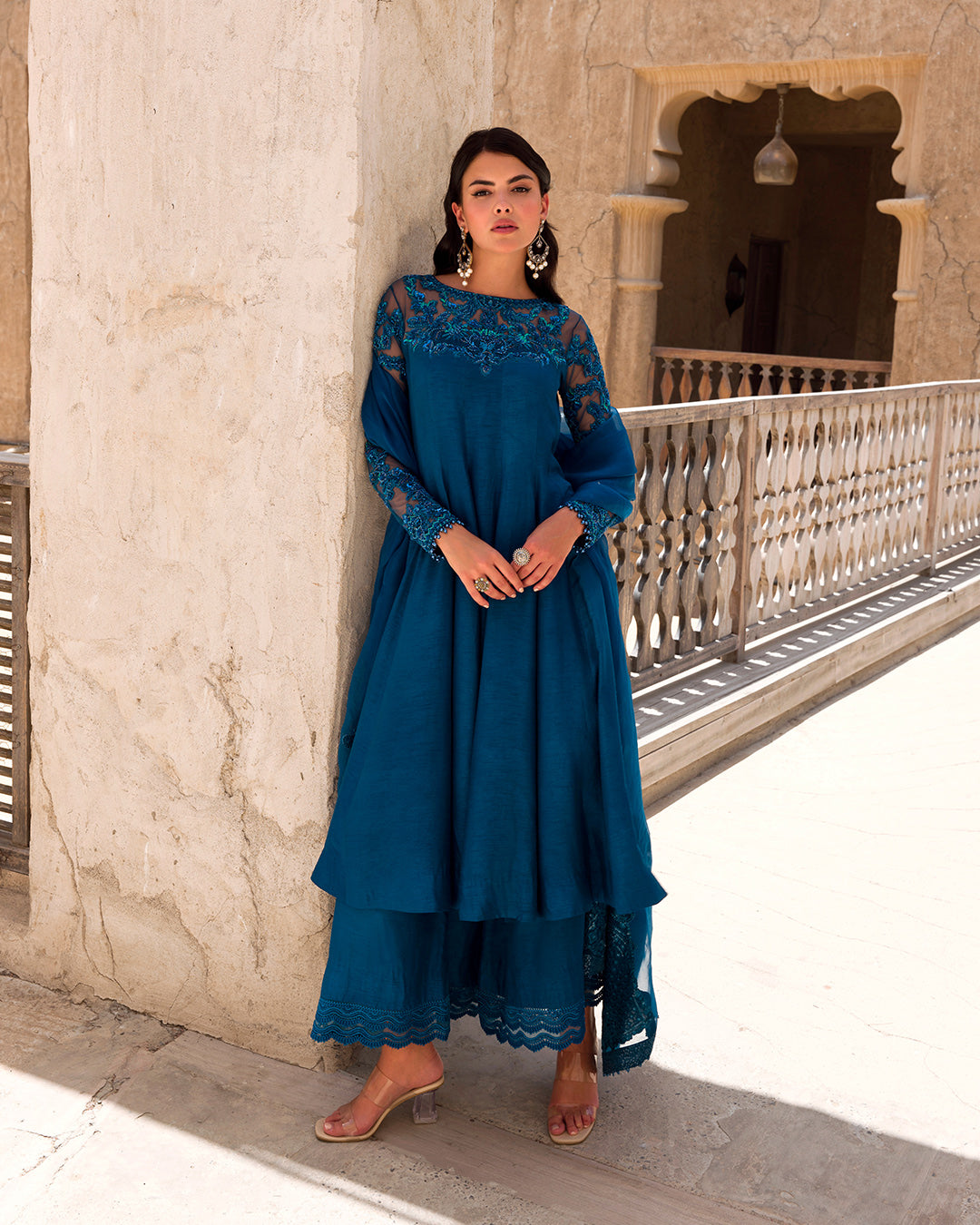 Pakistani Cobalt Blue Embellished Korean Raw Silk Salwar Kameez (3-Piece) - Image 1