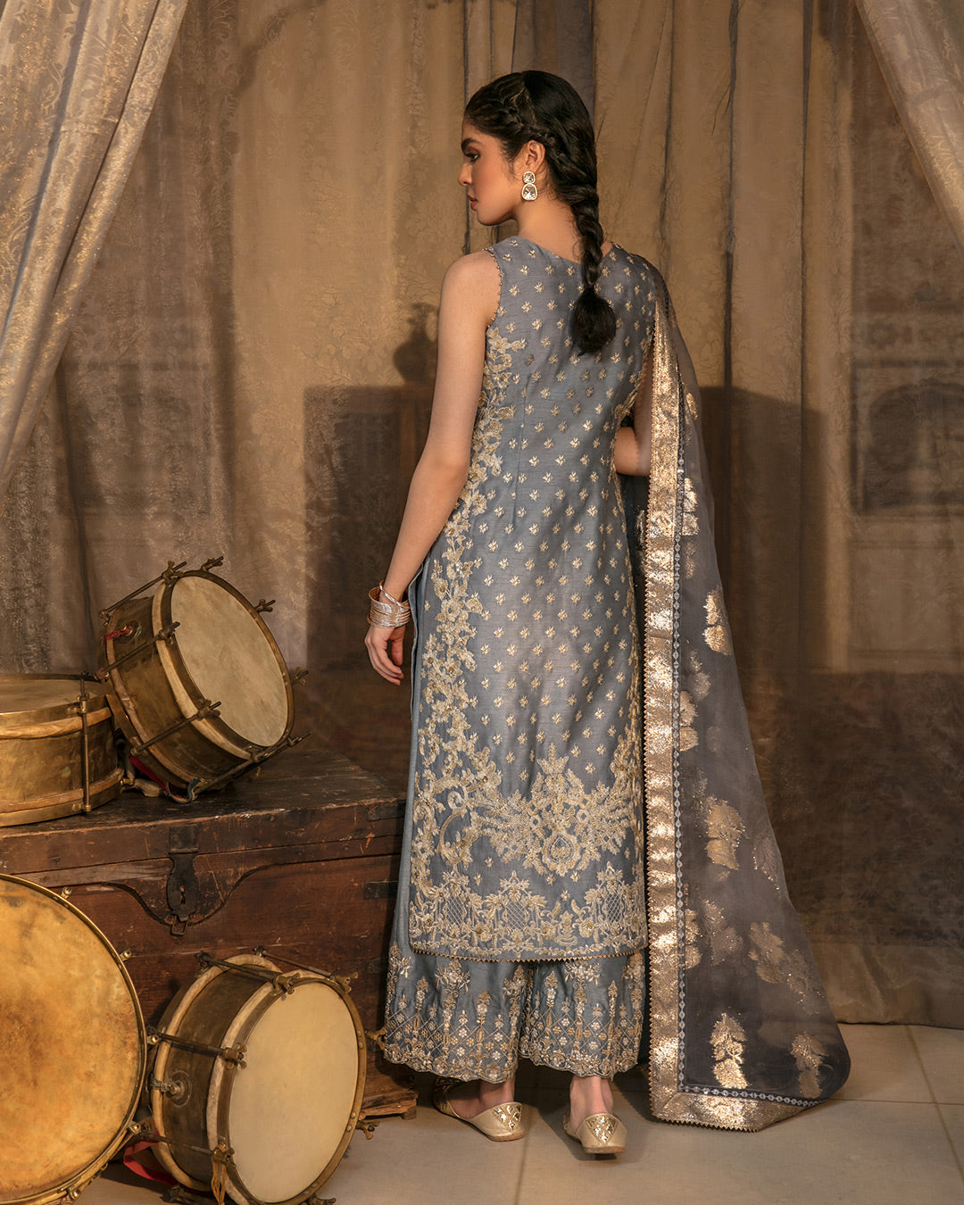 Pakistani Pale Blue Embroidered Korean Raw Silk Salwar Kameez (3-Piece) - Image 3