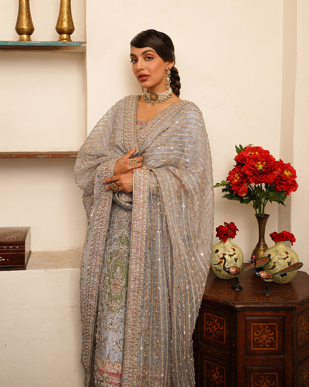 Pakistani Grey Blue Embroidered Korean Raw Silk Salwar Kameez (3-Piece) - Image 2