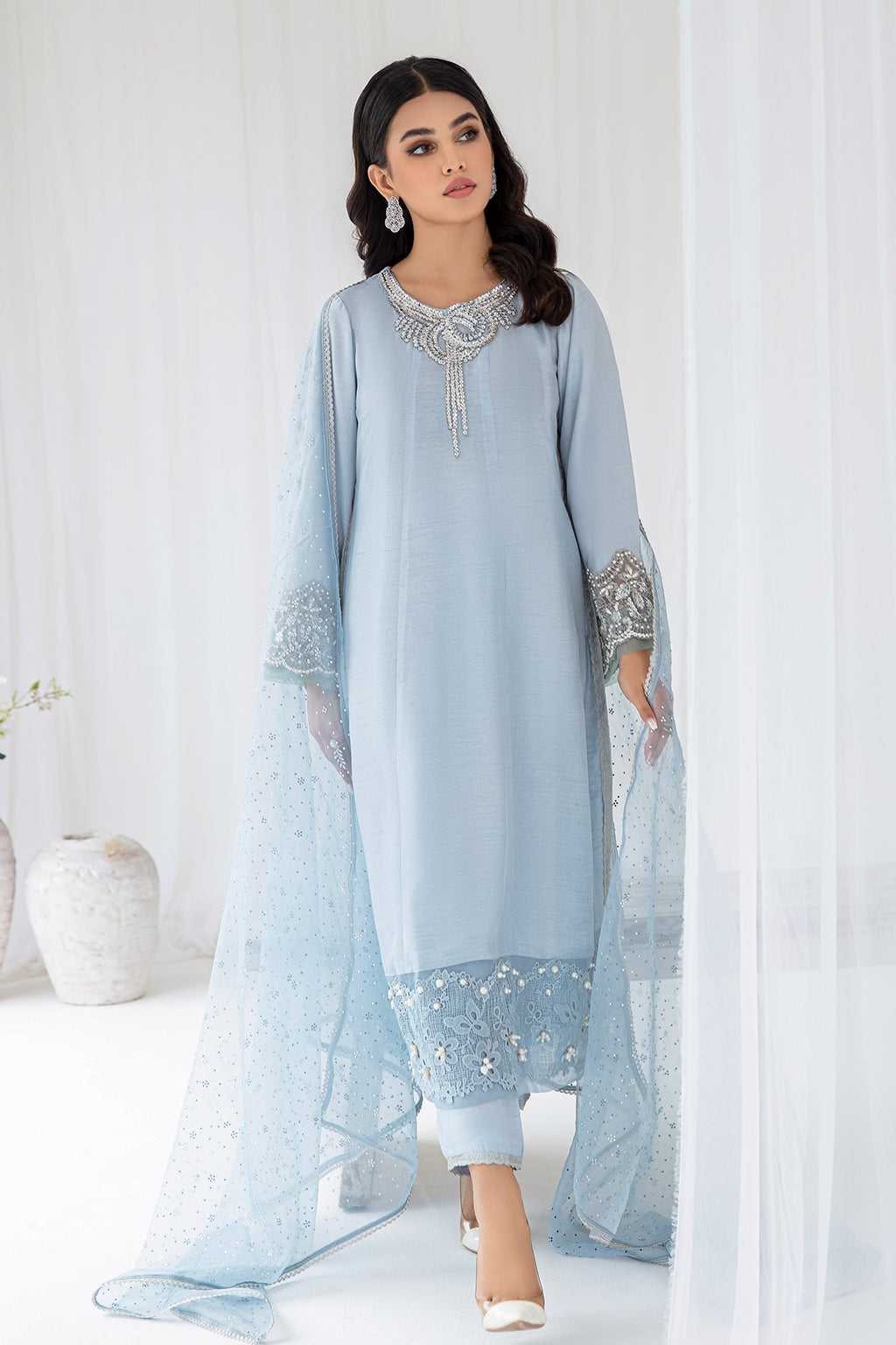 Pakistani Ice Blue Embellished Korean Raw Silk Salwar Kameez (3-Piece) - Image 1