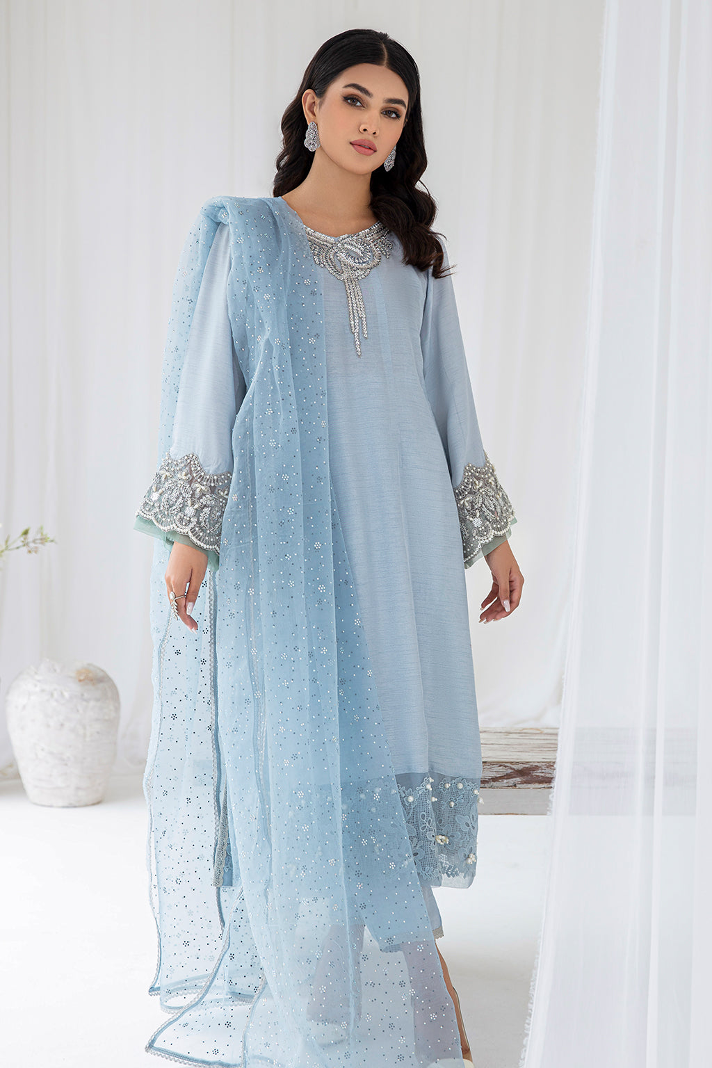 Pakistani Ice Blue Embellished Korean Raw Silk Salwar Kameez (3-Piece) - Image 3