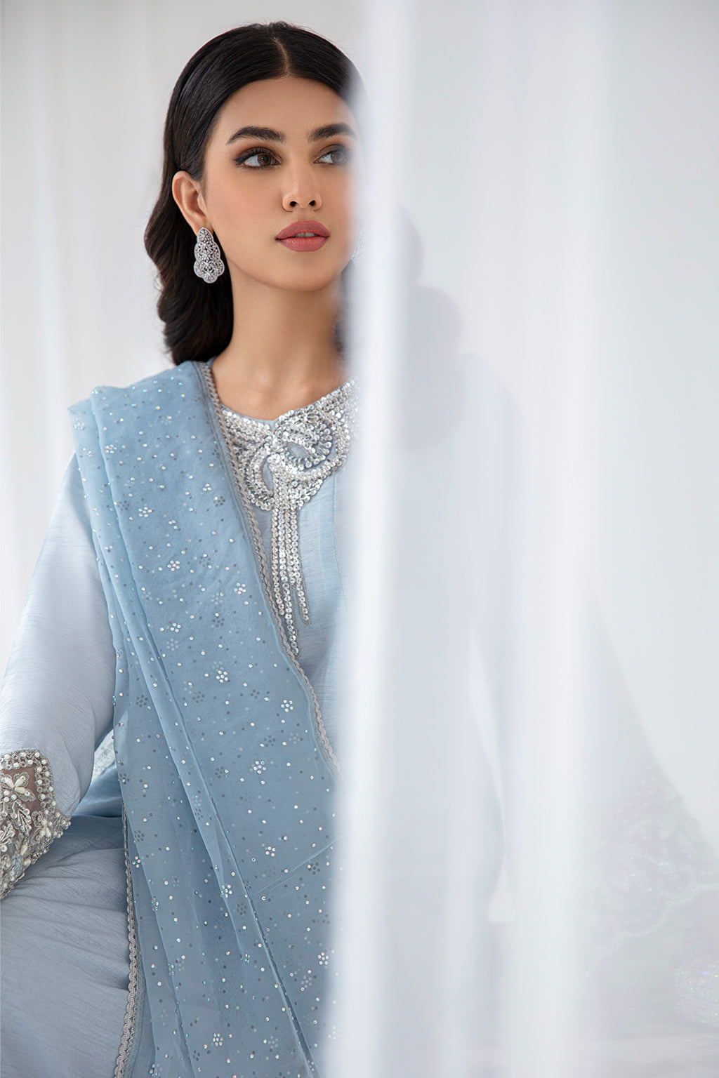Pakistani Ice Blue Embellished Korean Raw Silk Salwar Kameez (3-Piece) - Image 4