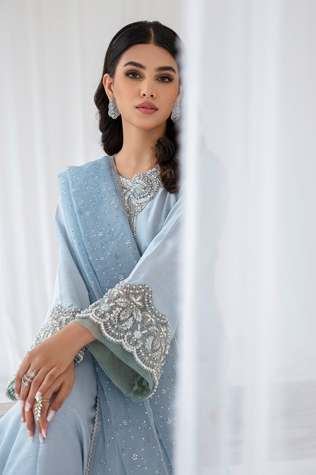 Pakistani Ice Blue Embellished Korean Raw Silk Salwar Kameez (3-Piece) - Image 5
