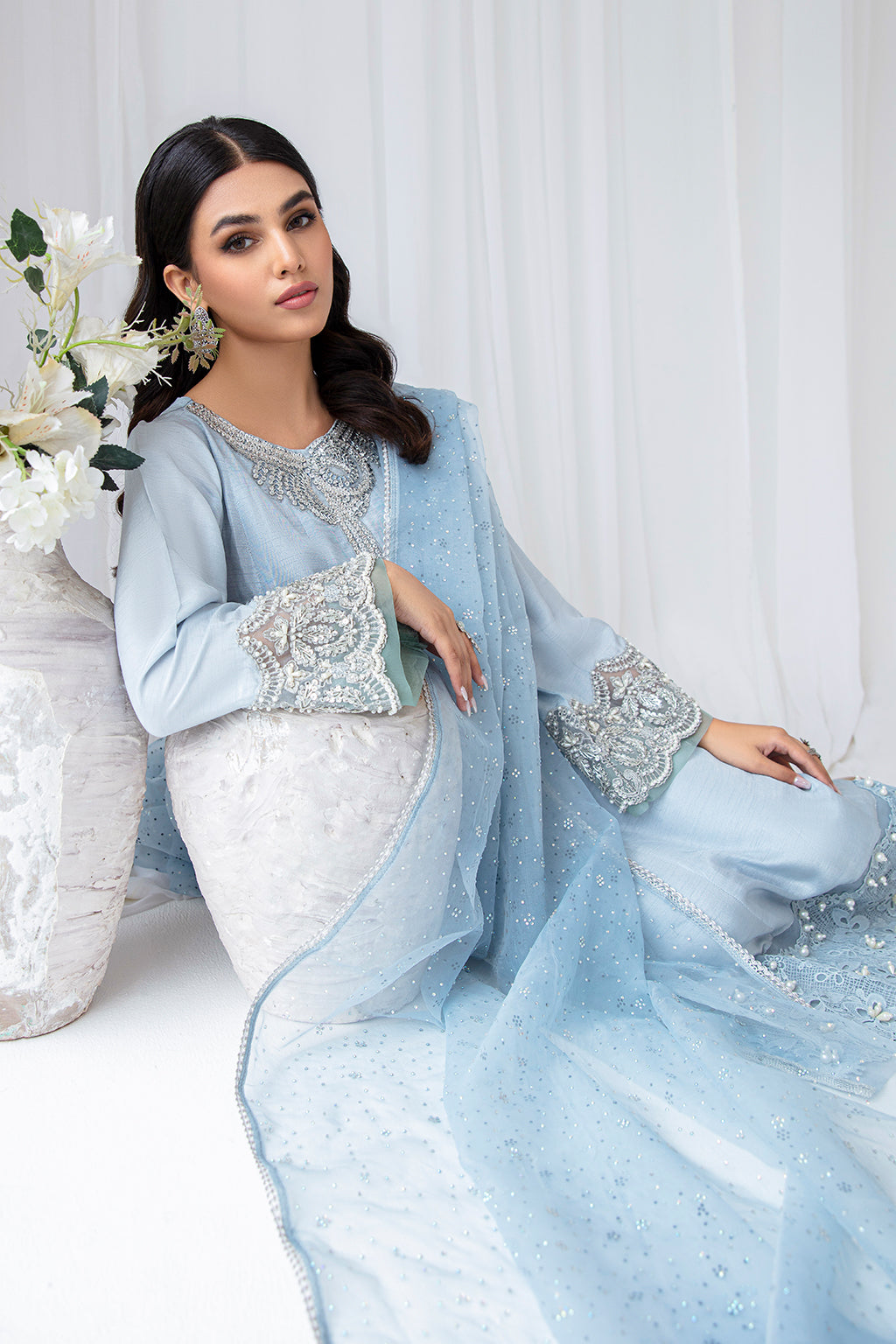 Pakistani Ice Blue Embellished Korean Raw Silk Salwar Kameez (3-Piece) - Image 6