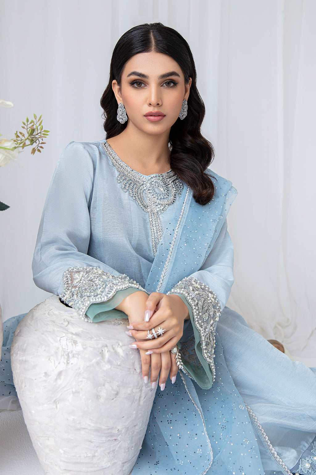 Pakistani Ice Blue Embellished Korean Raw Silk Salwar Kameez (3-Piece) - Image 7